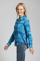 APNY Azure Ikat Stripe - Button-Up With Roll-Up Sleeve Blouse-shirts-APNY-Deja Nu Boutique, Women's Fashion Boutique in Lampasas, Texas