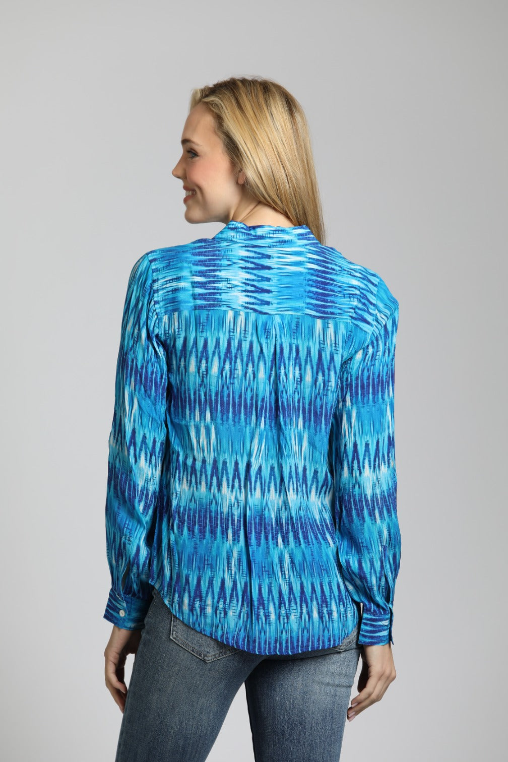 APNY Azure Ikat Stripe - Button-Up With Roll-Up Sleeve Blouse-shirts-APNY-Deja Nu Boutique, Women's Fashion Boutique in Lampasas, Texas