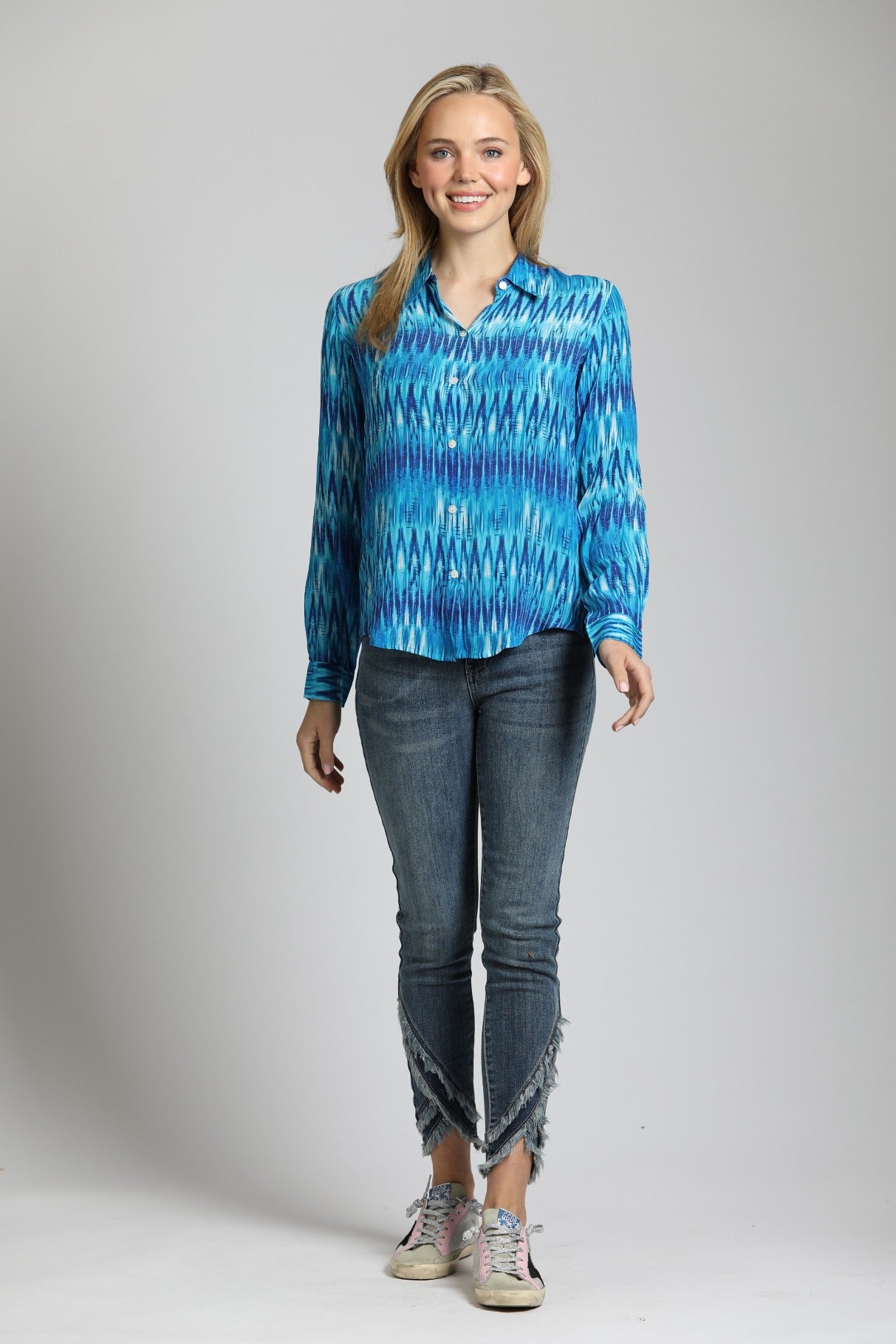 APNY Azure Ikat Stripe - Button-Up With Roll-Up Sleeve Blouse-shirts-APNY-Deja Nu Boutique, Women's Fashion Boutique in Lampasas, Texas