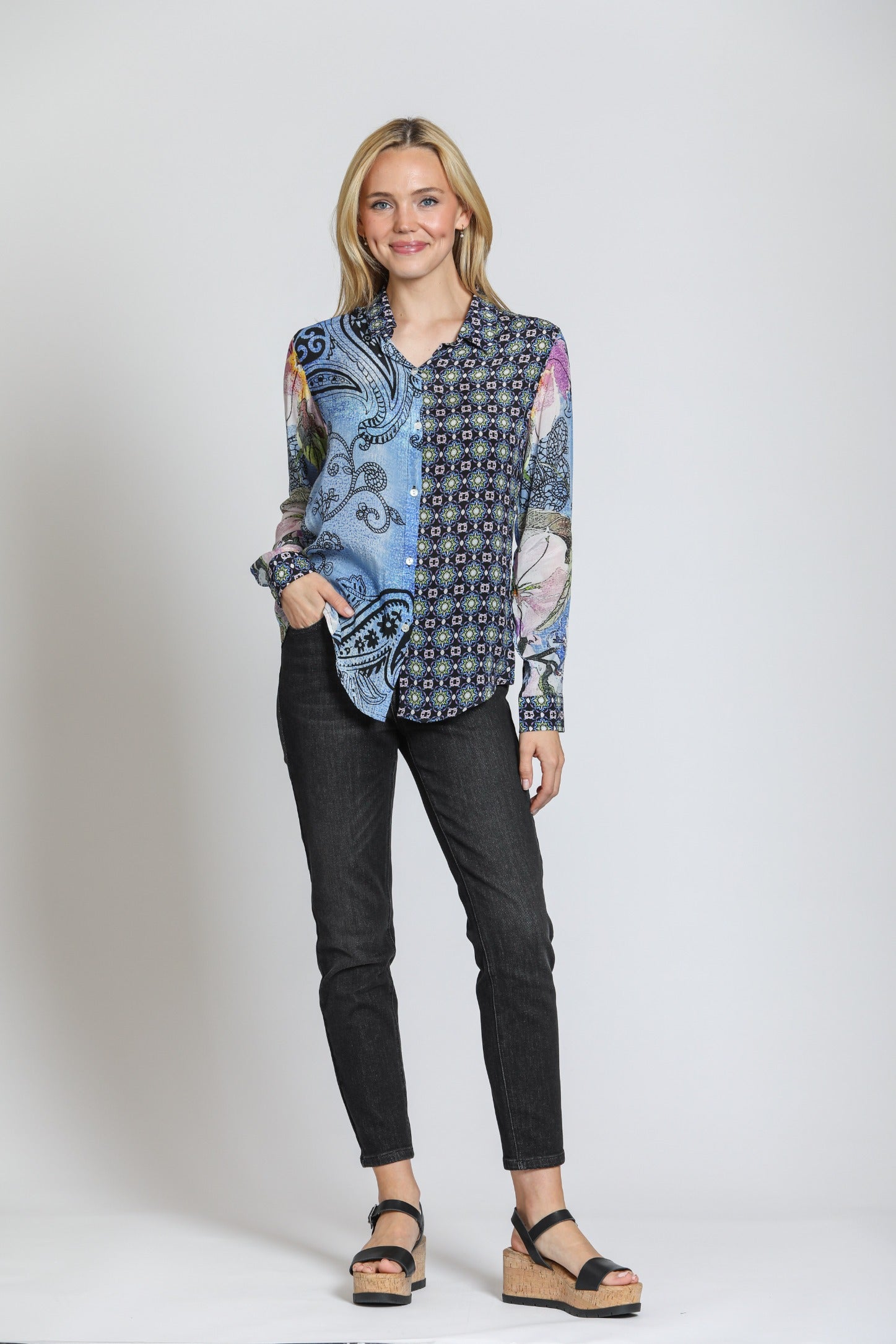 APNY Blue Mixed Print Button-Up Blouse-shirts-APNY-Deja Nu Boutique, Women's Fashion Boutique in Lampasas, Texas
