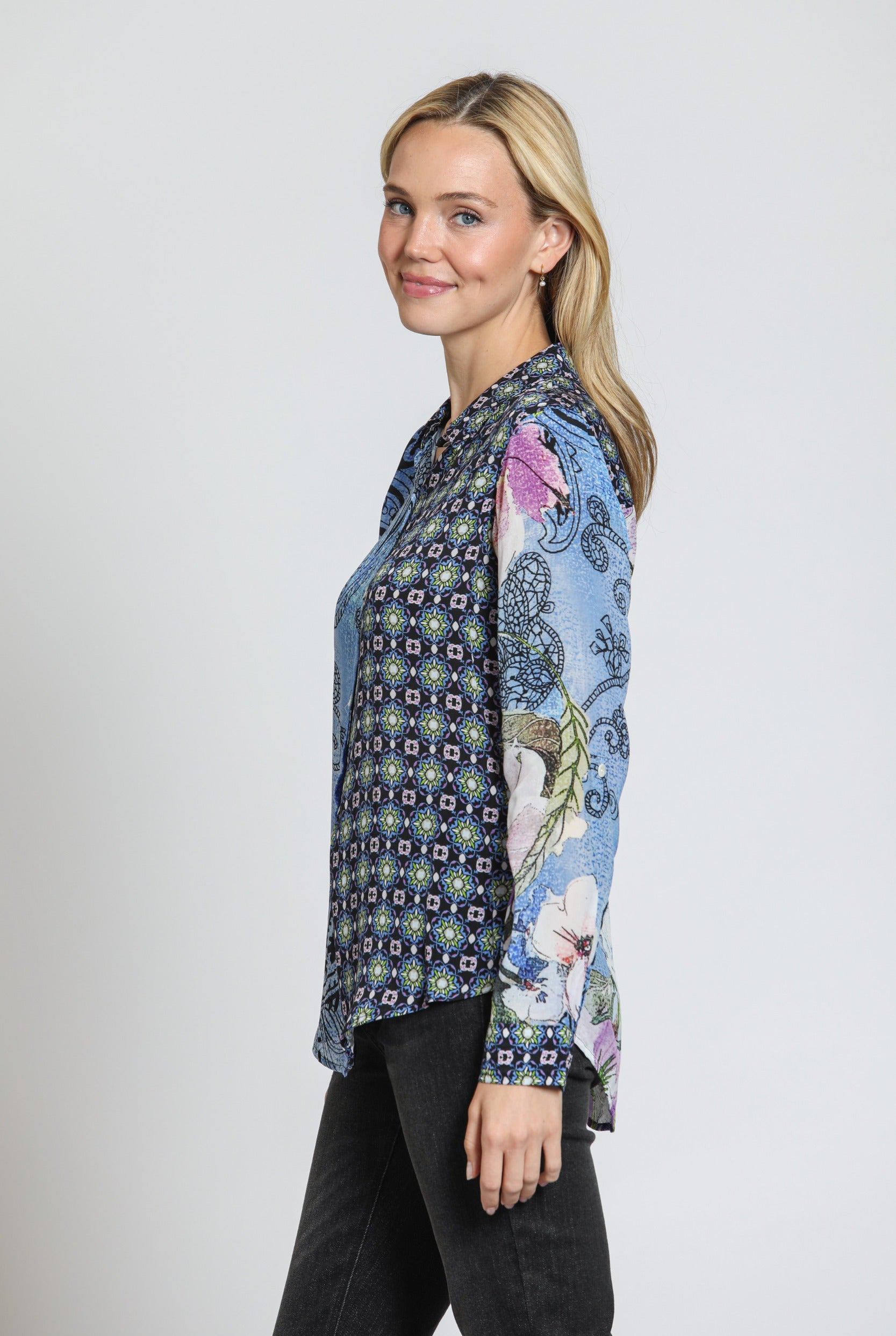 APNY Blue Mixed Print Button-Up Blouse-shirts-APNY-Deja Nu Boutique, Women's Fashion Boutique in Lampasas, Texas