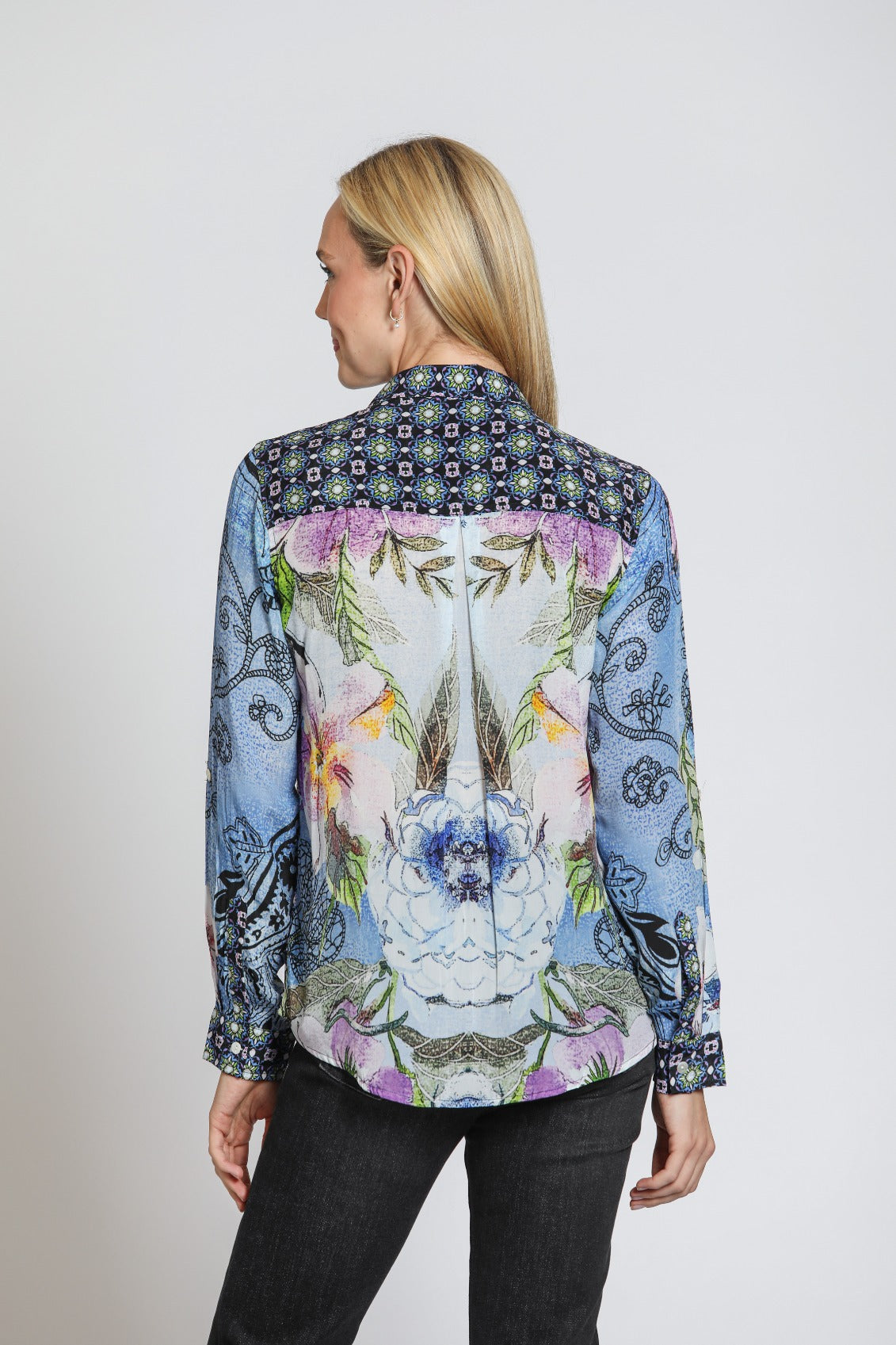 APNY Blue Mixed Print Button-Up Blouse-shirts-APNY-Deja Nu Boutique, Women's Fashion Boutique in Lampasas, Texas