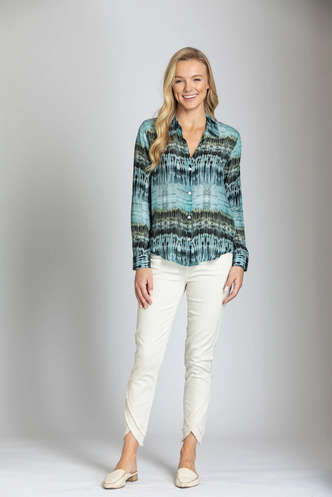 APNY Blue Tribal Stripe Button-Up Top With Roll Tab Sleeve-Tops-APNY-Deja Nu Boutique, Women's Fashion Boutique in Lampasas, Texas