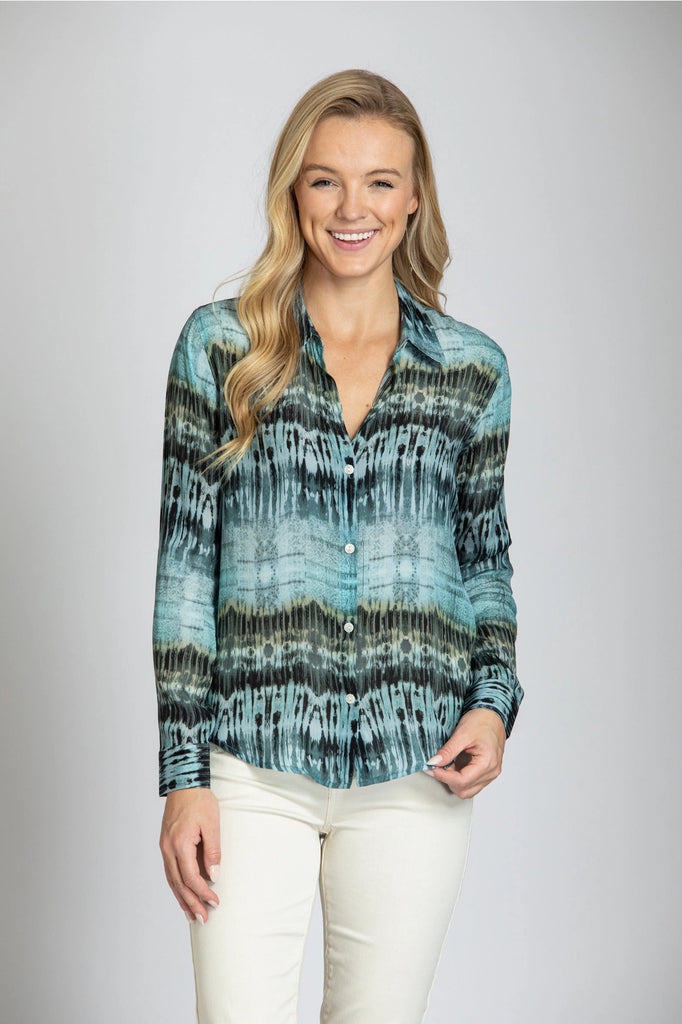 APNY Blue Tribal Stripe Button-Up Top With Roll Tab Sleeve-Tops-APNY-Deja Nu Boutique, Women's Fashion Boutique in Lampasas, Texas