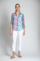 APNY Diamond Square Button-Up Top With Roll Tab Sleeve-Tops-APNY-Deja Nu Boutique, Women's Fashion Boutique in Lampasas, Texas