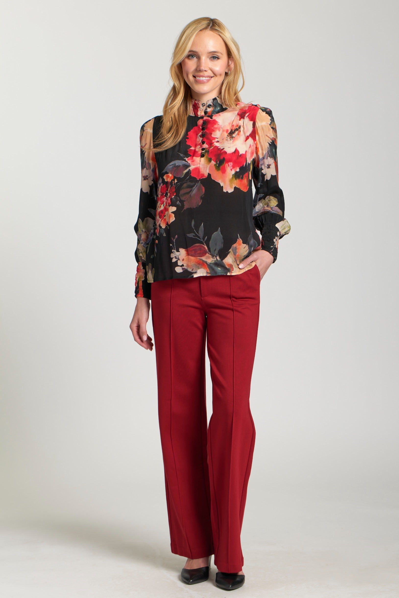 APNY Enchanted Garden Puff Sleeve Blouse with Ruched Collar-Tops-APNY-Deja Nu Boutique, Women's Fashion Boutique in Lampasas, Texas