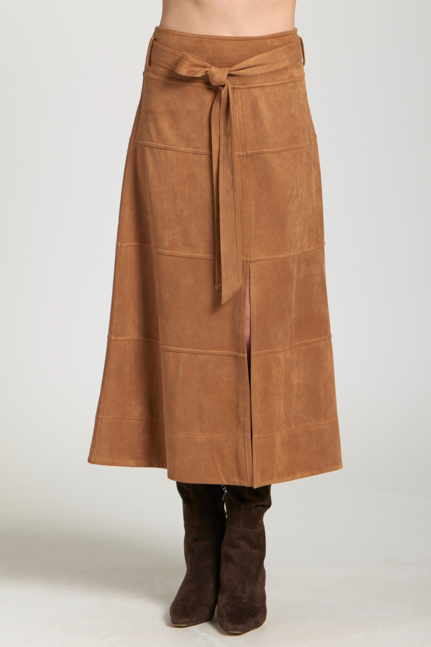 APNY Faux Suede Paneled A-Line Midi Skirt in Carmel-Skirts-APNY-Deja Nu Boutique, Women's Fashion Boutique in Lampasas, Texas