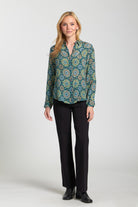 APNY Green Floral Button-Up Blouse with Roll-Up Sleeves-shirts-APNY-Deja Nu Boutique, Women's Fashion Boutique in Lampasas, Texas