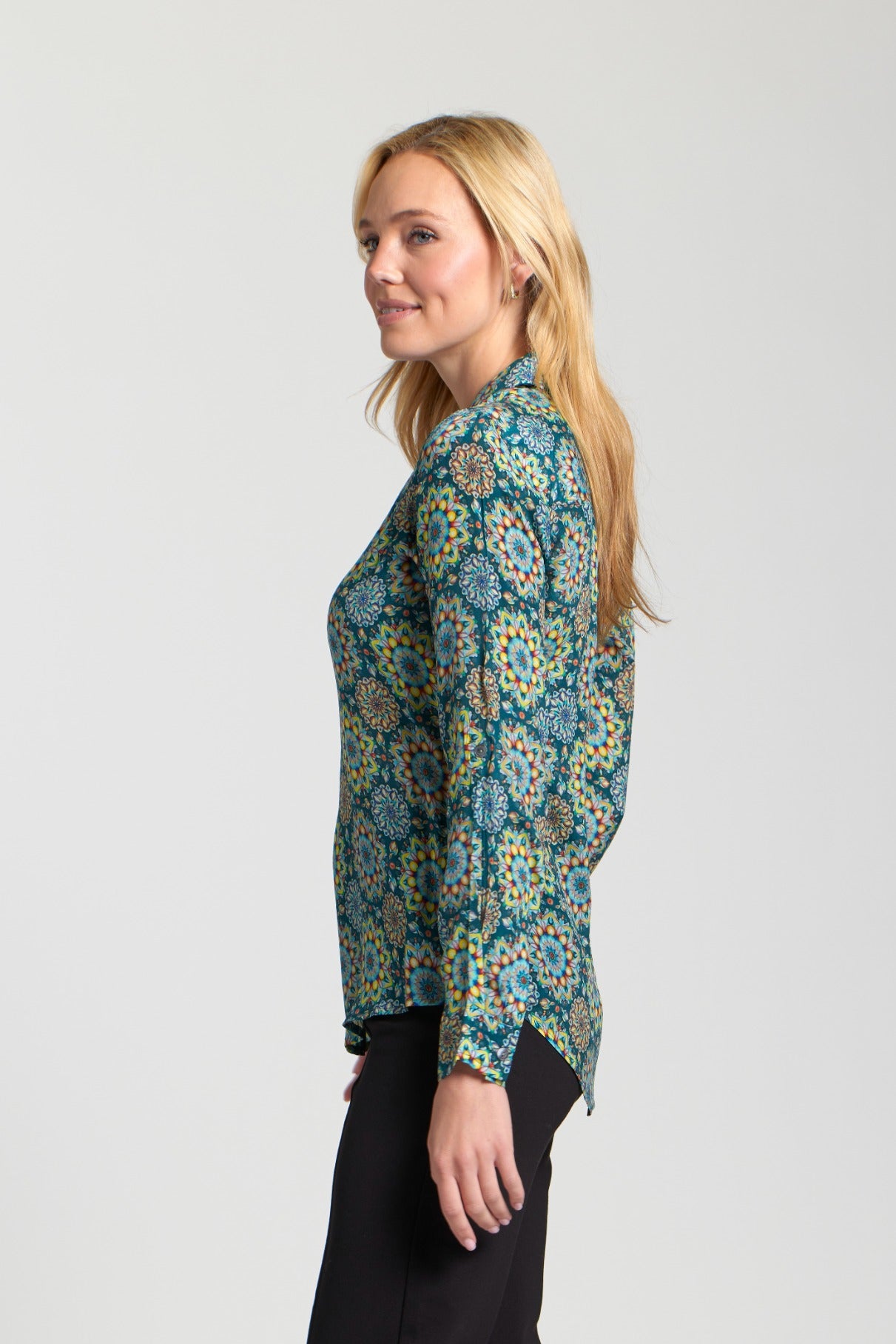 APNY Green Floral Button-Up Blouse with Roll-Up Sleeves-shirts-APNY-Deja Nu Boutique, Women's Fashion Boutique in Lampasas, Texas