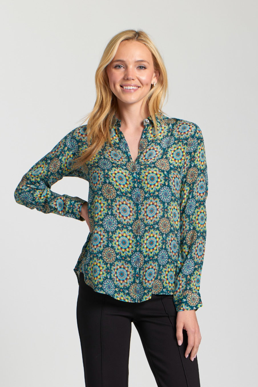 APNY Green Floral Button-Up Blouse with Roll-Up Sleeves-shirts-APNY-Deja Nu Boutique, Women's Fashion Boutique in Lampasas, Texas