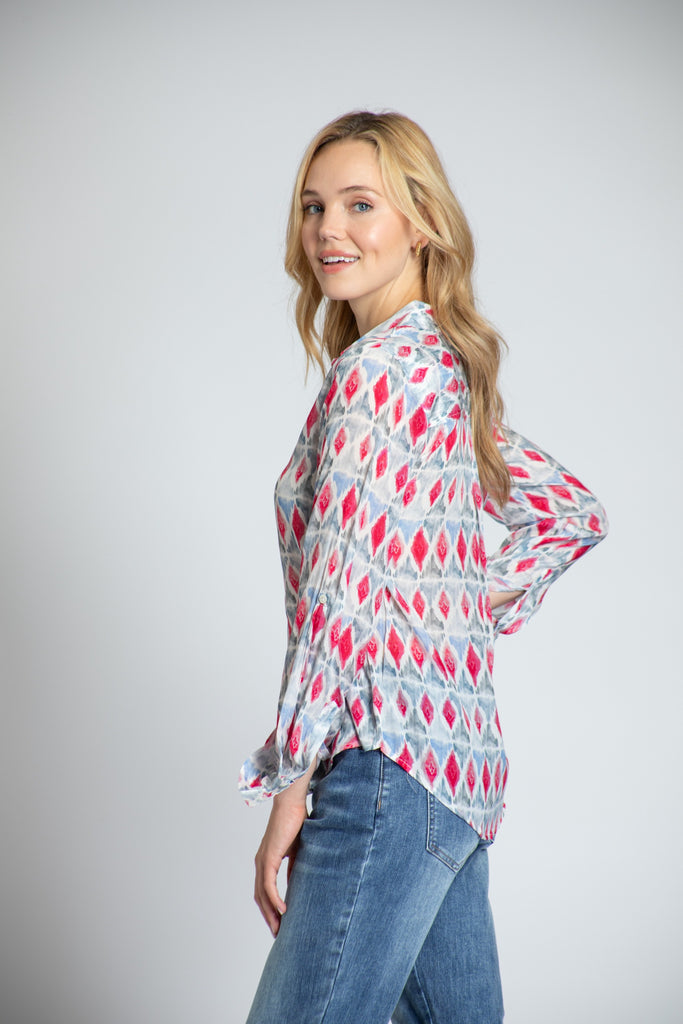 APNY Harlequin Diamonds Button-Up Top With Roll Tab Sleeve-Tops-APNY-Deja Nu Boutique, Women's Fashion Boutique in Lampasas, Texas