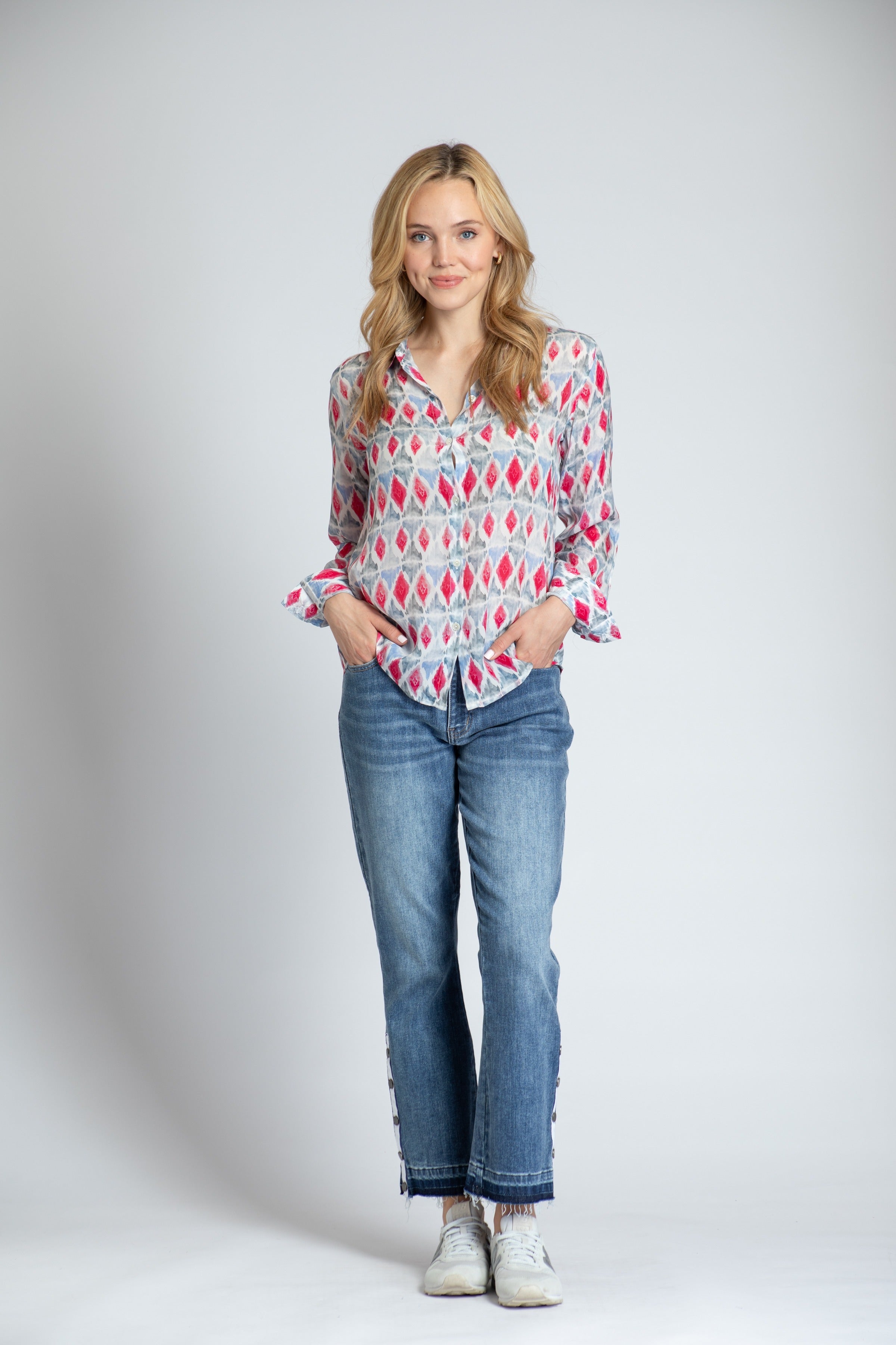 APNY Harlequin Diamonds Button-Up Top With Roll Tab Sleeve-Tops-APNY-Deja Nu Boutique, Women's Fashion Boutique in Lampasas, Texas