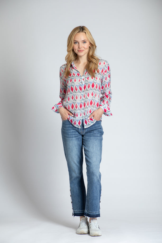 APNY Harlequin Diamonds Button-Up Top With Roll Tab Sleeve-Tops-APNY-Deja Nu Boutique, Women's Fashion Boutique in Lampasas, Texas