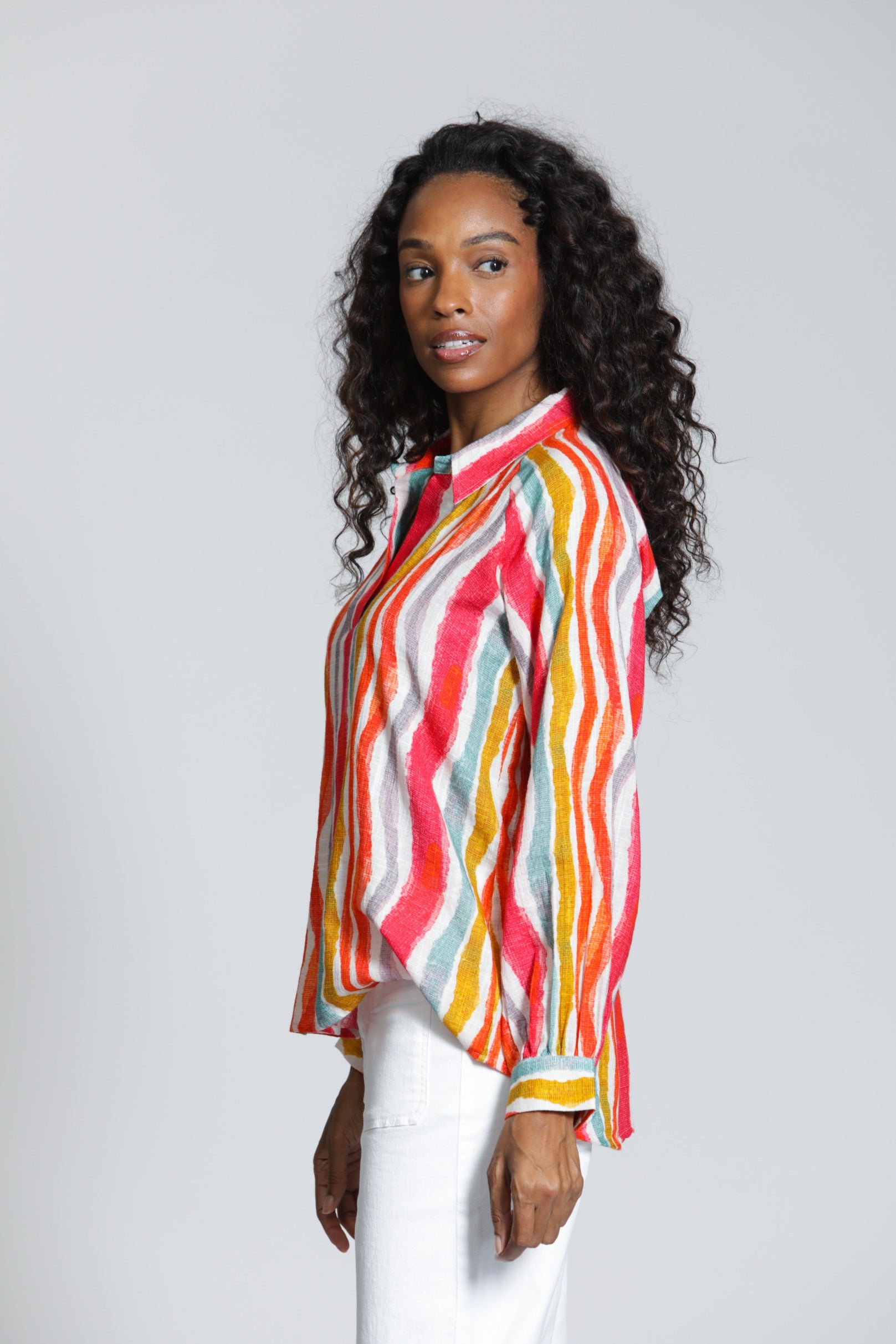 APNY Hibiscus Multi Stripe Half-Placket Pullover Blouse-Tops-APNY-Deja Nu Boutique, Women's Fashion Boutique in Lampasas, Texas