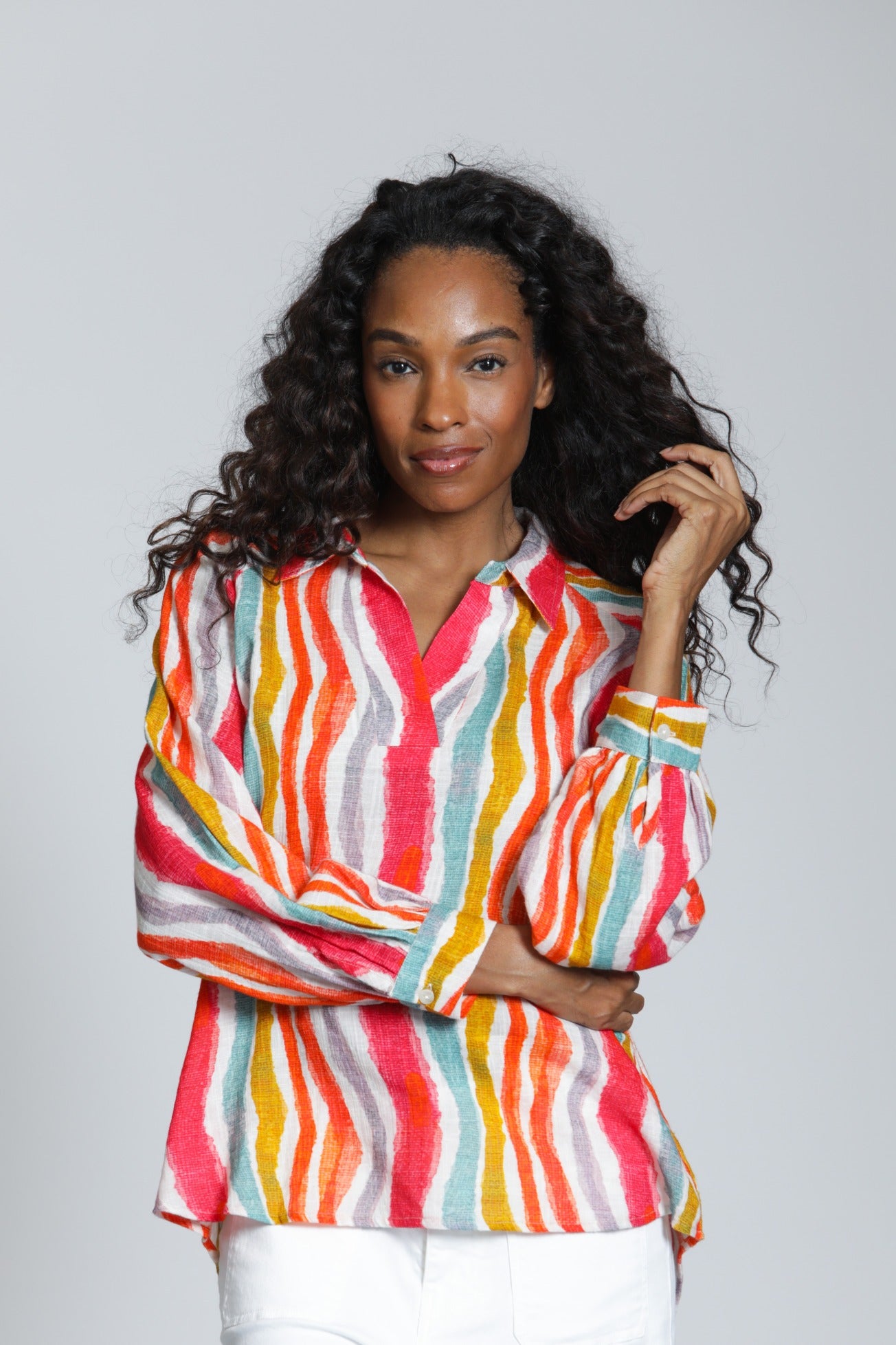 APNY Hibiscus Multi Stripe Half-Placket Pullover Blouse-Tops-APNY-Deja Nu Boutique, Women's Fashion Boutique in Lampasas, Texas