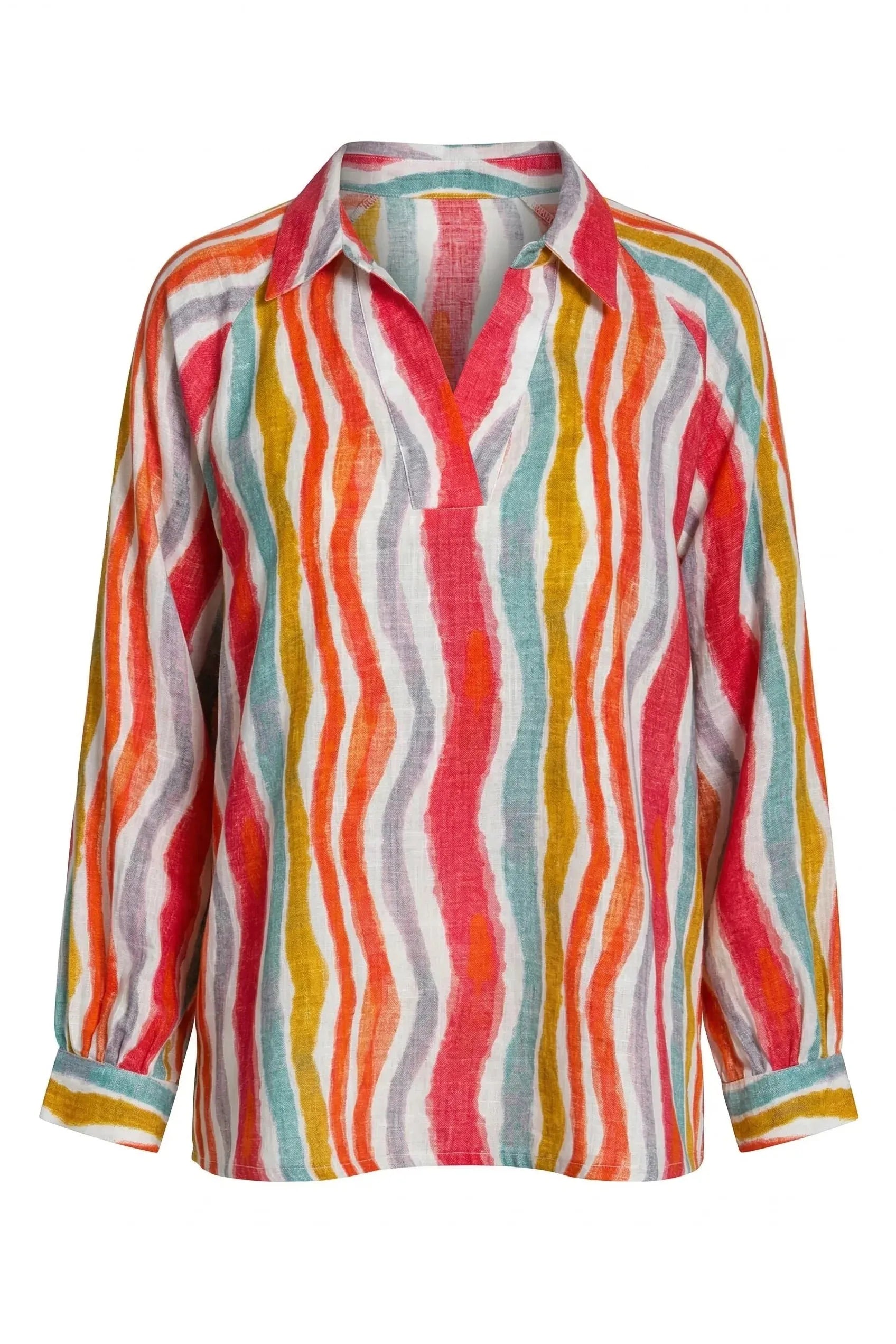 APNY Hibiscus Multi Stripe Half-Placket Pullover Blouse-Tops-APNY-Deja Nu Boutique, Women's Fashion Boutique in Lampasas, Texas