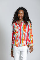 APNY Hibiscus Multi Stripe Half-Placket Pullover Blouse-Tops-APNY-Deja Nu Boutique, Women's Fashion Boutique in Lampasas, Texas