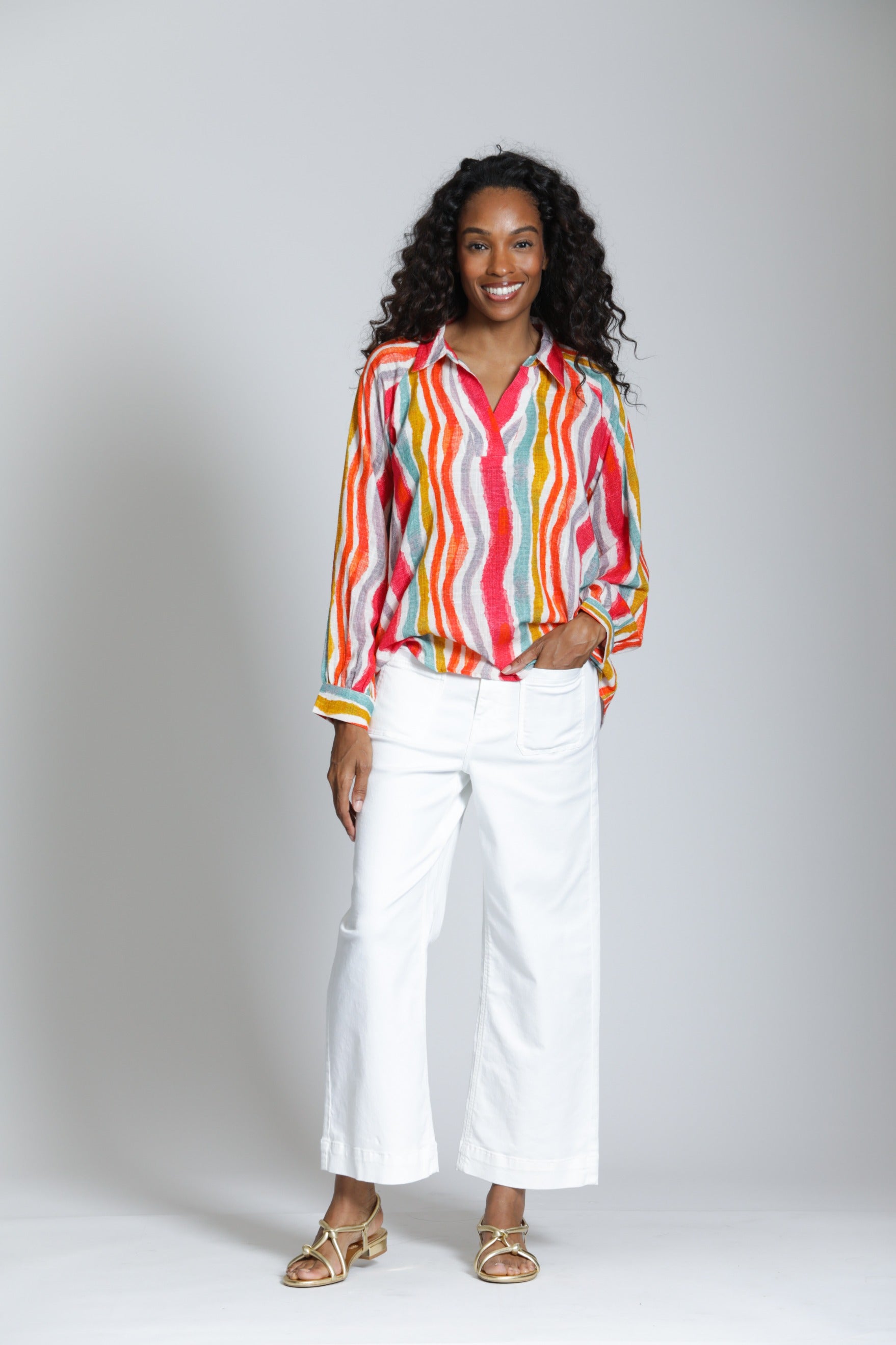 APNY Hibiscus Multi Stripe Half-Placket Pullover Blouse-Tops-APNY-Deja Nu Boutique, Women's Fashion Boutique in Lampasas, Texas