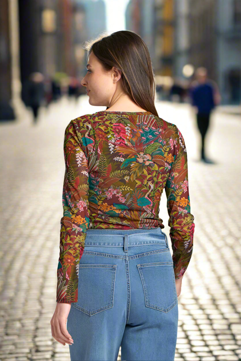 APNY Long Sleeve Mesh Top in Olive Multi A Sheer Floral Layering Tee-Tops-APNY-Deja Nu Boutique, Women's Fashion Boutique in Lampasas, Texas