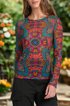 APNY Long Sleeve Mesh Top in Turquoise Multi A Lightweight Sheer Crewneck-Tops-APNY-Deja Nu Boutique, Women's Fashion Boutique in Lampasas, Texas