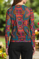 APNY Long Sleeve Mesh Top in Turquoise Multi A Lightweight Sheer Crewneck-Tops-APNY-Deja Nu Boutique, Women's Fashion Boutique in Lampasas, Texas