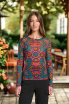 APNY Long Sleeve Mesh Top in Turquoise Multi A Lightweight Sheer Crewneck-Tops-APNY-Deja Nu Boutique, Women's Fashion Boutique in Lampasas, Texas