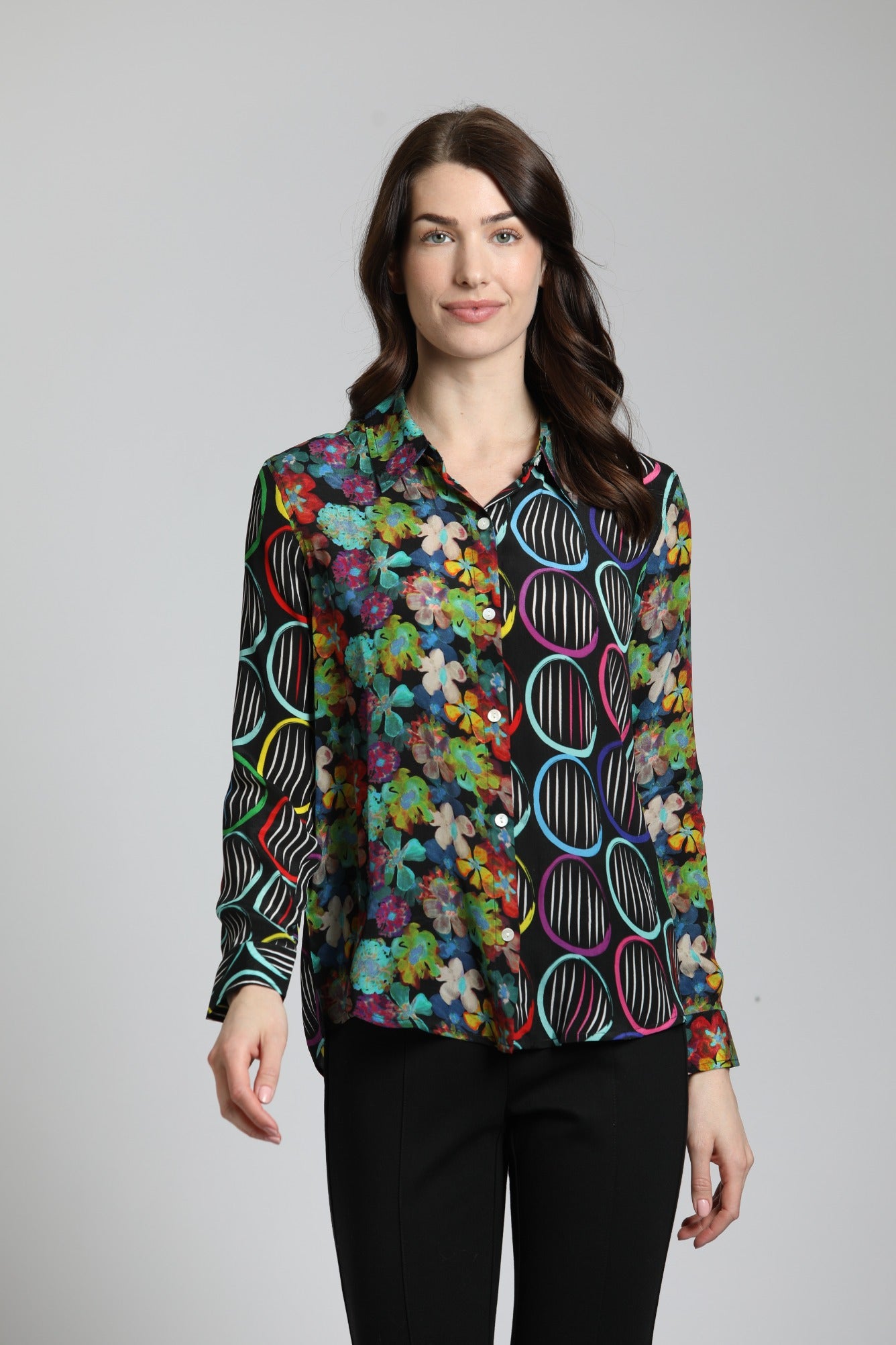 APNY Mixed Pattern Printed Button-Up Blouse With Roll-Up Sleeve-shirts-APNY-Deja Nu Boutique, Women's Fashion Boutique in Lampasas, Texas