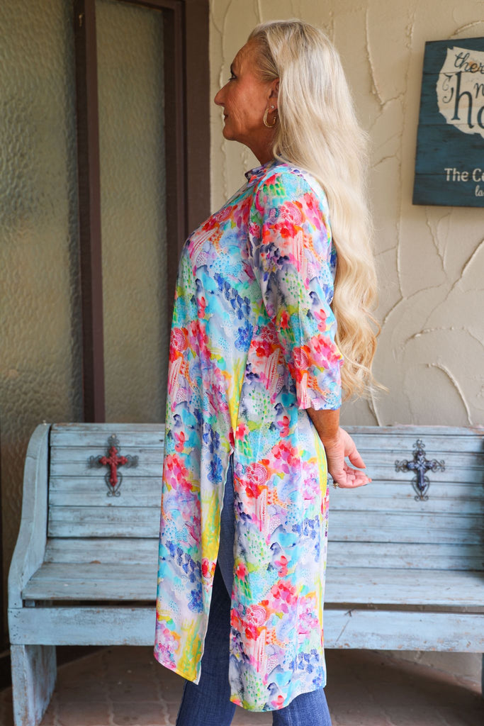 APNY Multi Colored Floral Button Down Long Top Or Kimono With Side Slits-Cardigans & Kimonos-APNY-Deja Nu Boutique, Women's Fashion Boutique in Lampasas, Texas