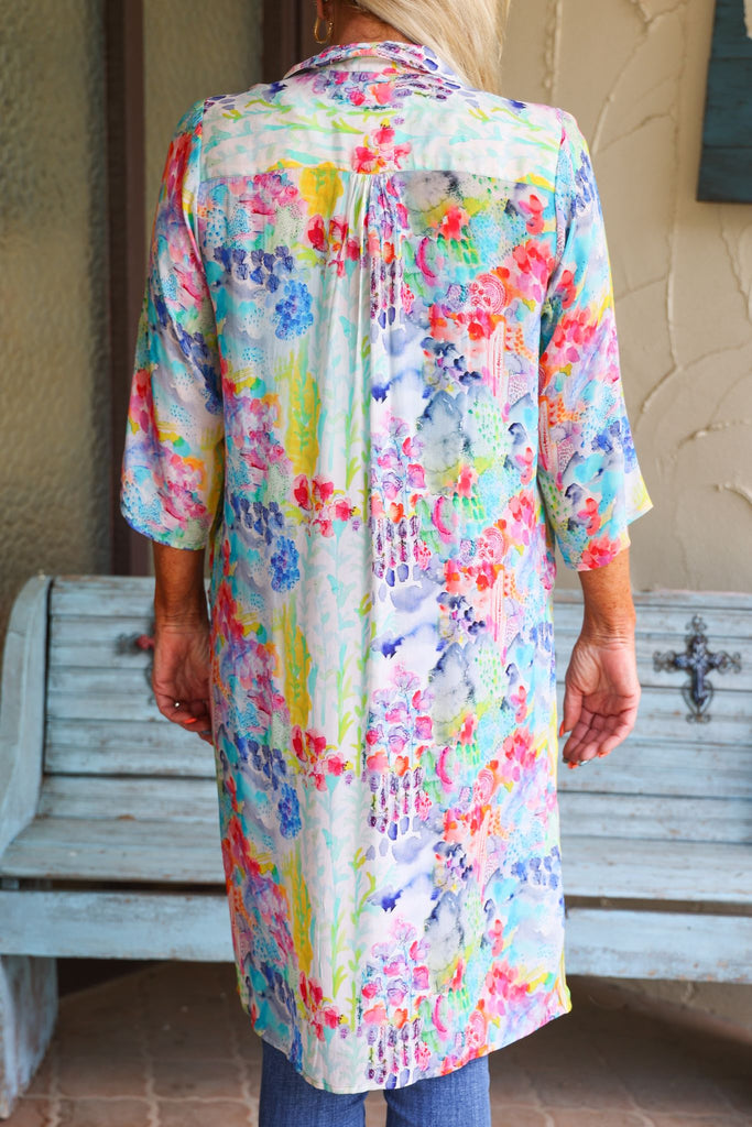 APNY Multi Colored Floral Button Down Long Top Or Kimono With Side Slits-Cardigans & Kimonos-APNY-Deja Nu Boutique, Women's Fashion Boutique in Lampasas, Texas