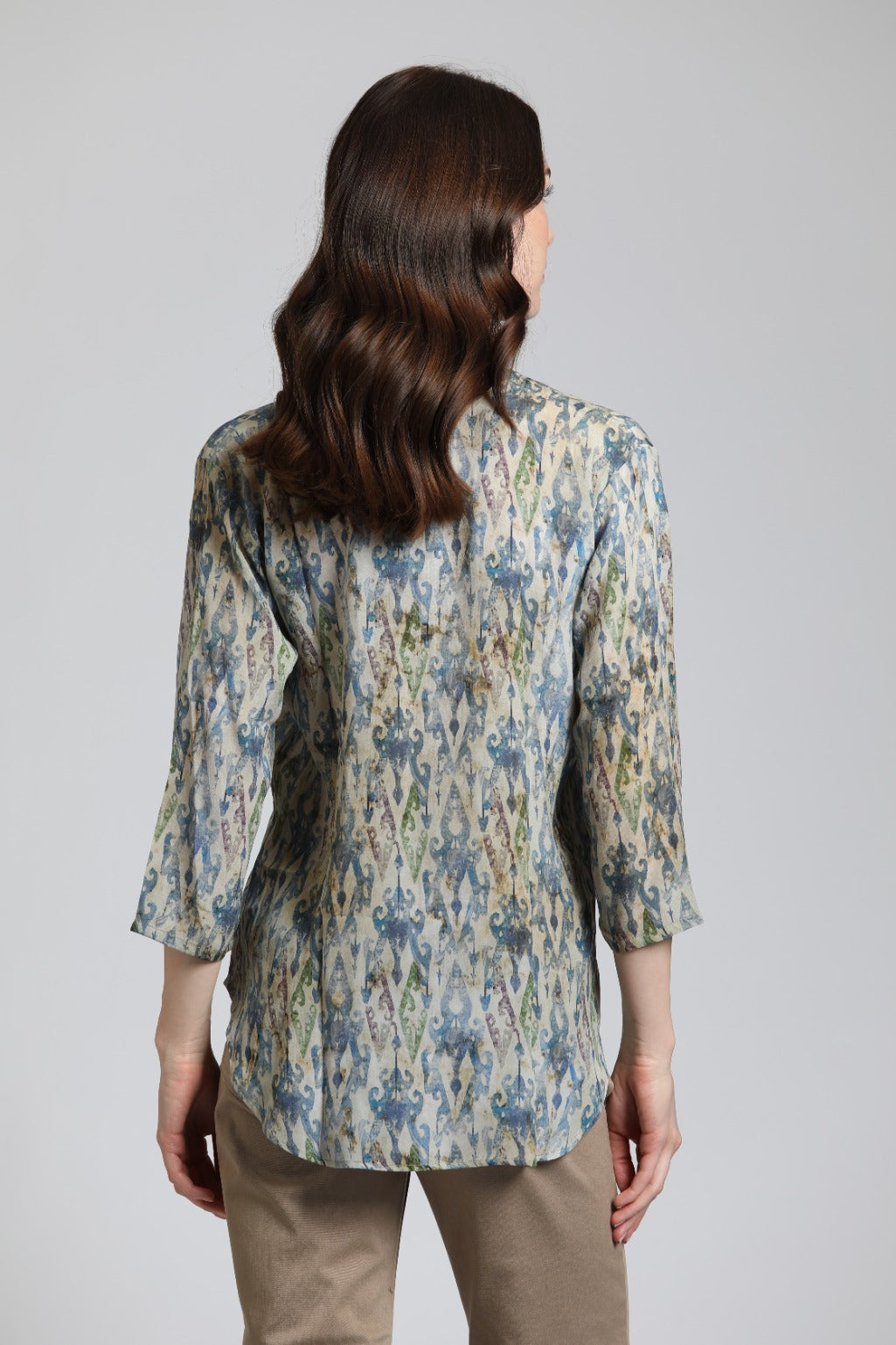 APNY Multicolor Ikat Print ¾ Sleeve Mandarin Collar Button Up Blouse-shirts-APNY-Deja Nu Boutique, Women's Fashion Boutique in Lampasas, Texas