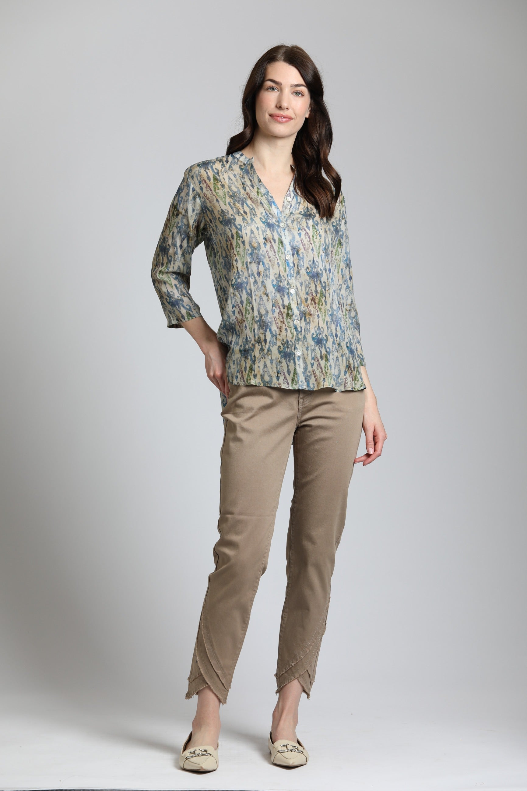 APNY Multicolor Ikat Print ¾ Sleeve Mandarin Collar Button Up Blouse-shirts-APNY-Deja Nu Boutique, Women's Fashion Boutique in Lampasas, Texas