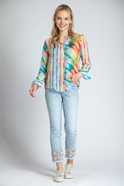 APNY Over The Rainbow Button-Up Top With Roll Tab Sleeve-Tops-APNY-Deja Nu Boutique, Women's Fashion Boutique in Lampasas, Texas