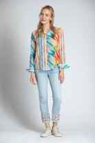 APNY Over The Rainbow Button-Up Top With Roll Tab Sleeve-Tops-APNY-Deja Nu Boutique, Women's Fashion Boutique in Lampasas, Texas