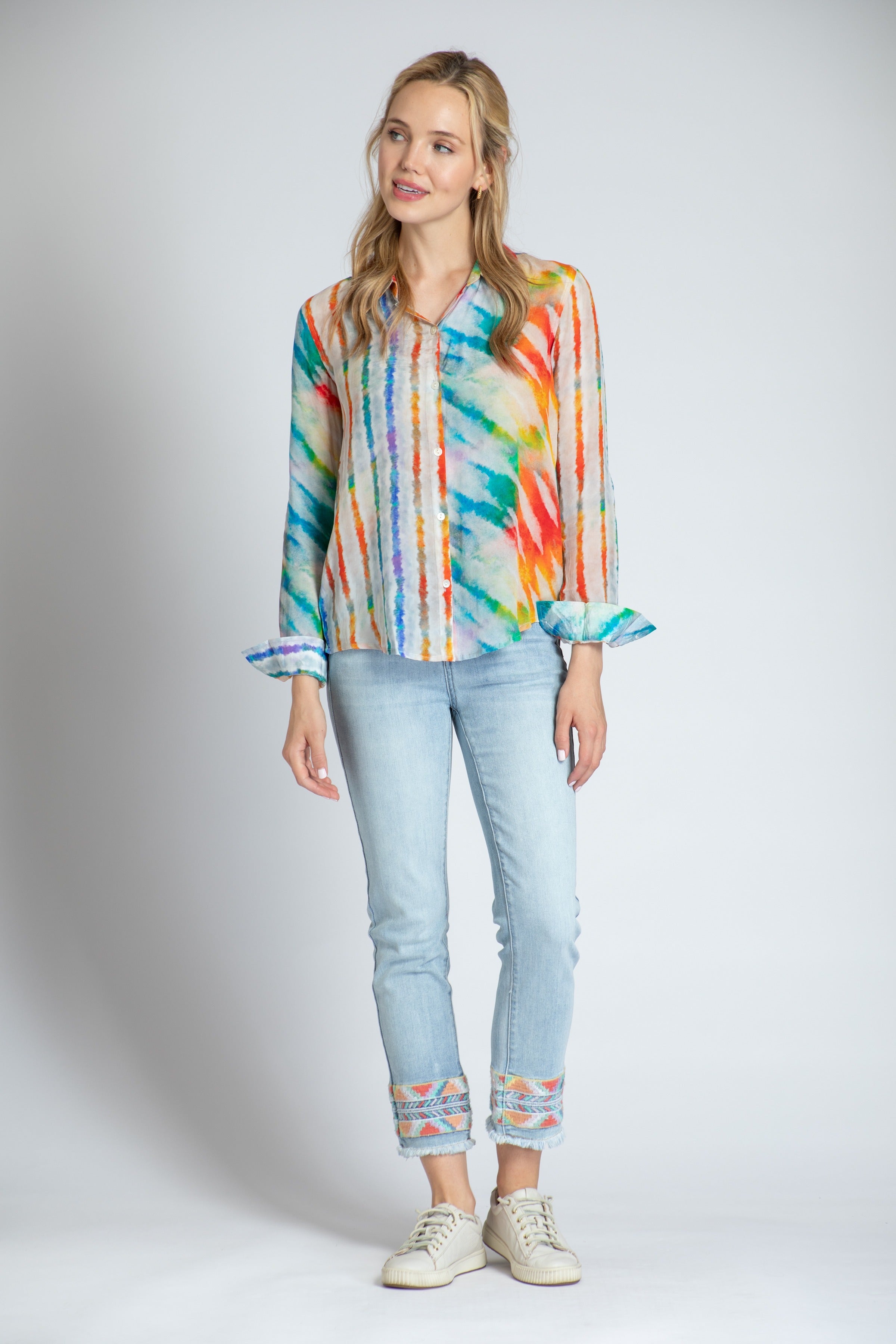 APNY Over The Rainbow Button-Up Top With Roll Tab Sleeve-Tops-APNY-Deja Nu Boutique, Women's Fashion Boutique in Lampasas, Texas