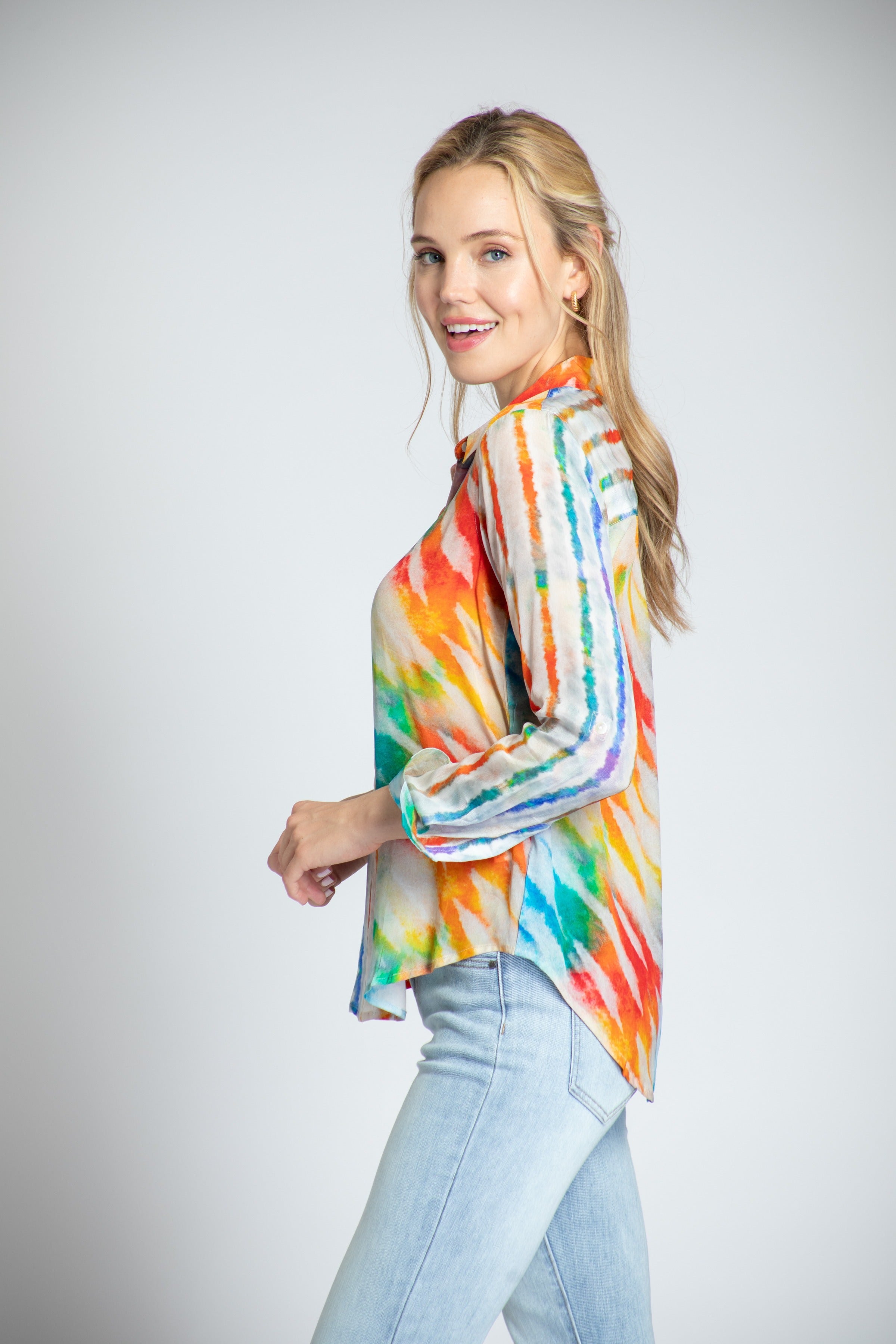 APNY Over The Rainbow Button-Up Top With Roll Tab Sleeve-Tops-APNY-Deja Nu Boutique, Women's Fashion Boutique in Lampasas, Texas