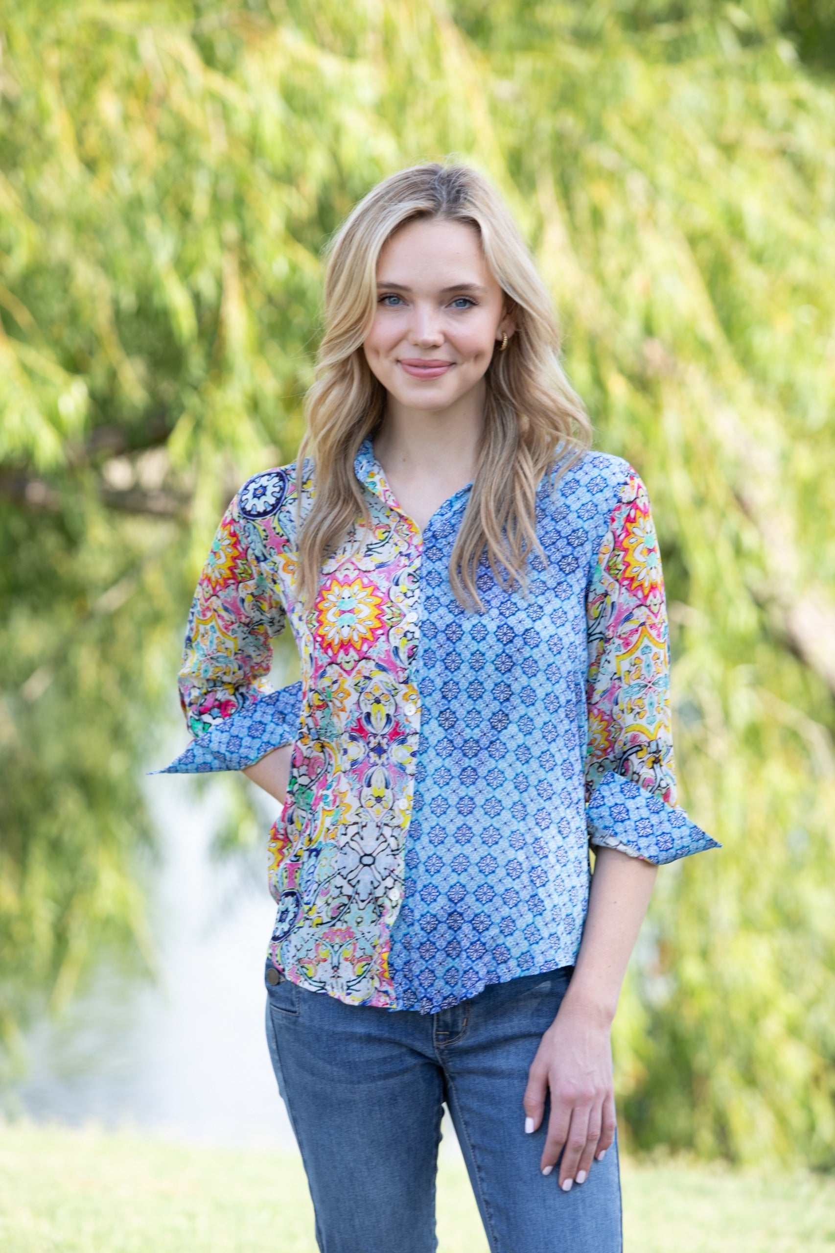 APNY Painted Tile Button-Front Shirt-Tops-APNY-Deja Nu Boutique, Women's Fashion Boutique in Lampasas, Texas