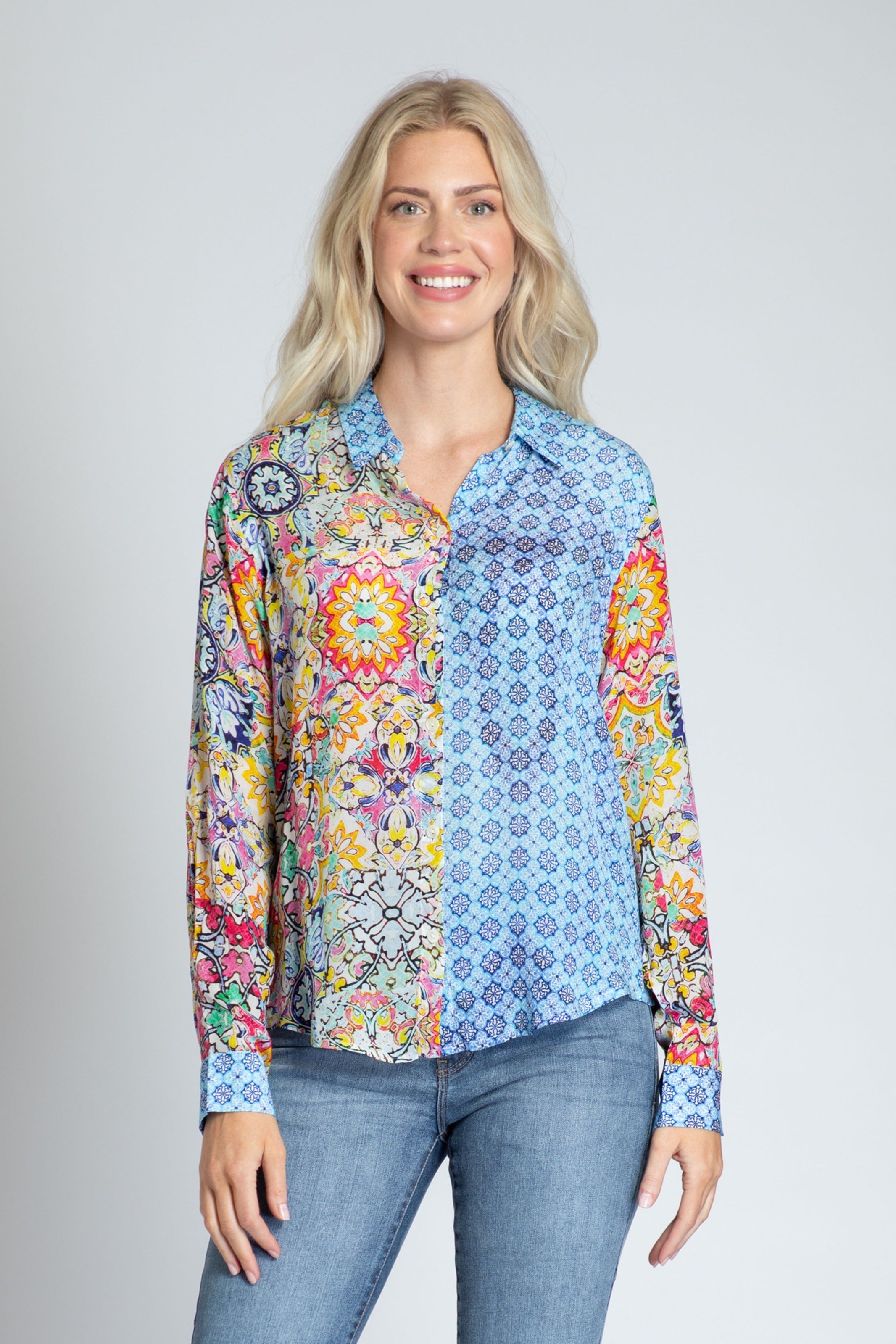 APNY Painted Tile Button-Front Shirt-Tops-APNY-Deja Nu Boutique, Women's Fashion Boutique in Lampasas, Texas