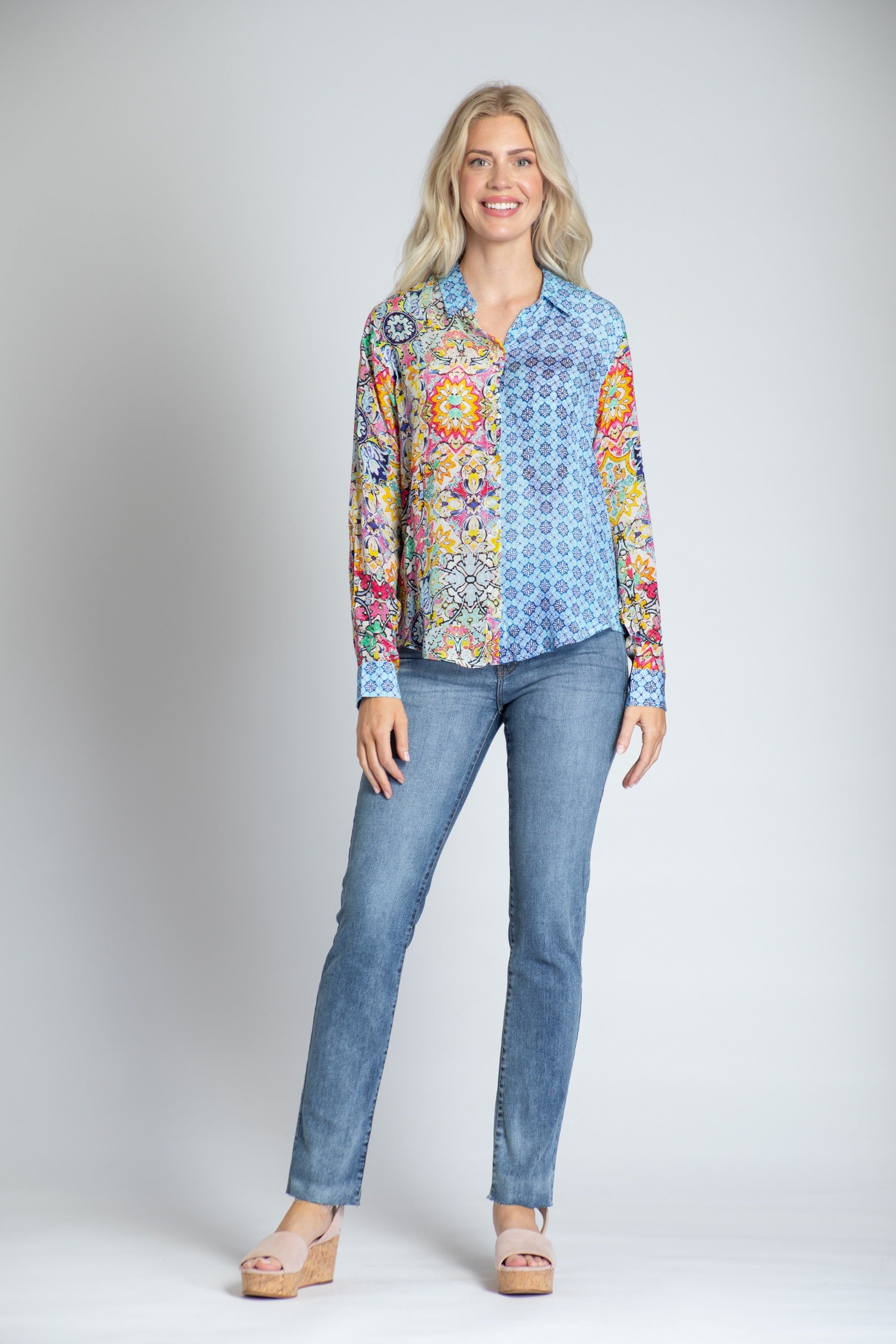 APNY Painted Tile Button-Front Shirt-Tops-APNY-Deja Nu Boutique, Women's Fashion Boutique in Lampasas, Texas