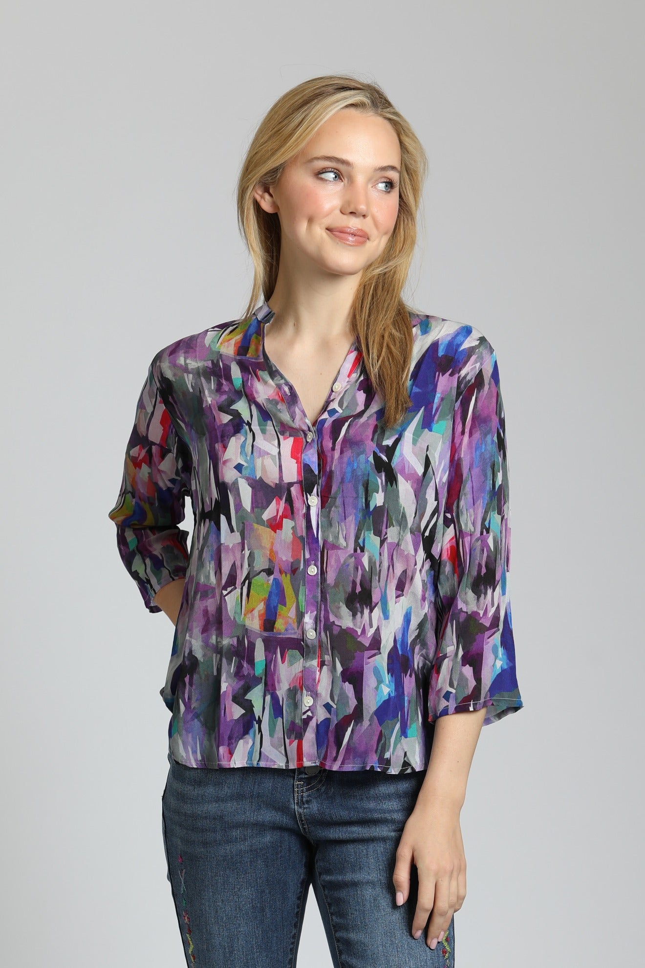 APNY Purple Brush Stroke ¾ Sleeve Mandarin Collar Button Up Blouse-shirts-APNY-Deja Nu Boutique, Women's Fashion Boutique in Lampasas, Texas