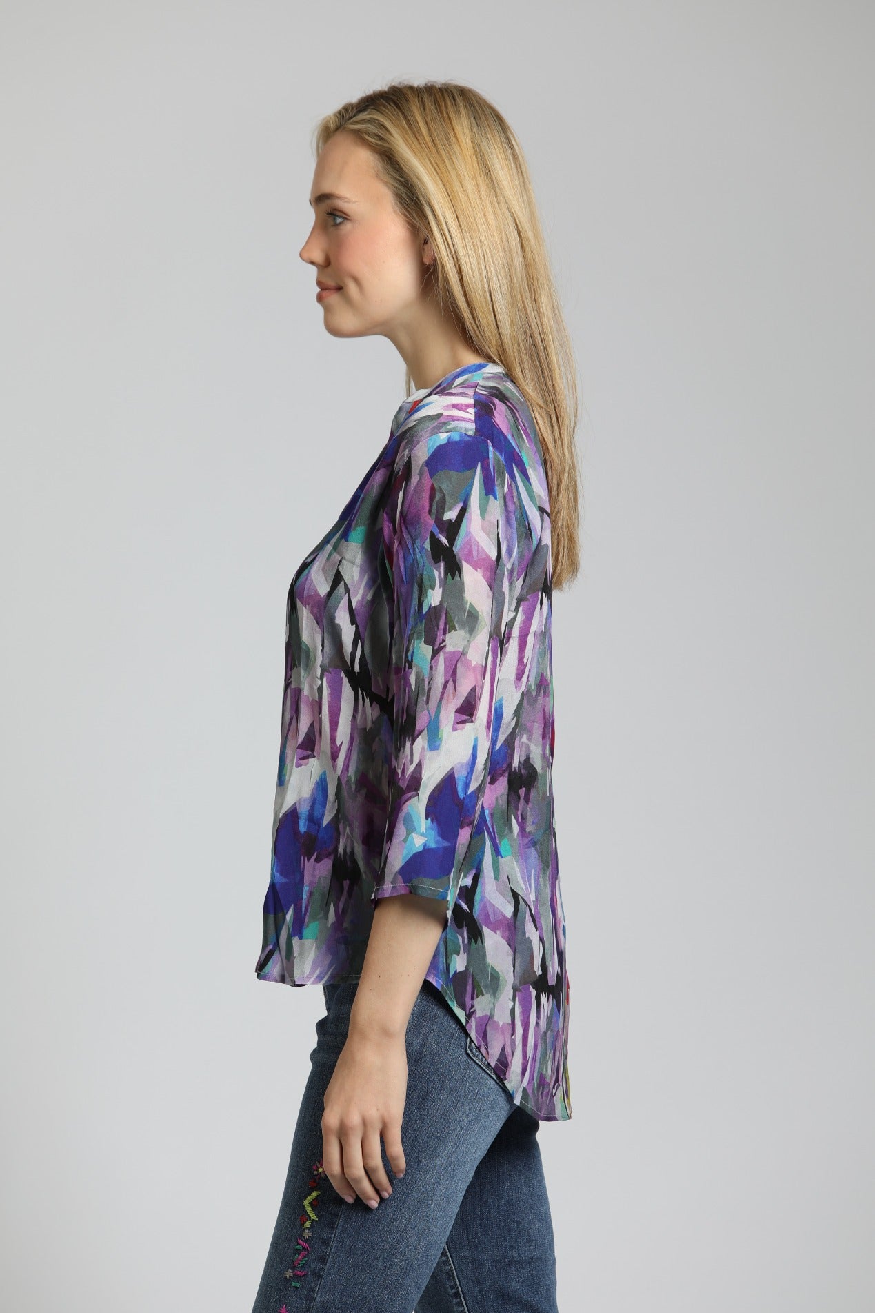 APNY Purple Brush Stroke ¾ Sleeve Mandarin Collar Button Up Blouse-shirts-APNY-Deja Nu Boutique, Women's Fashion Boutique in Lampasas, Texas