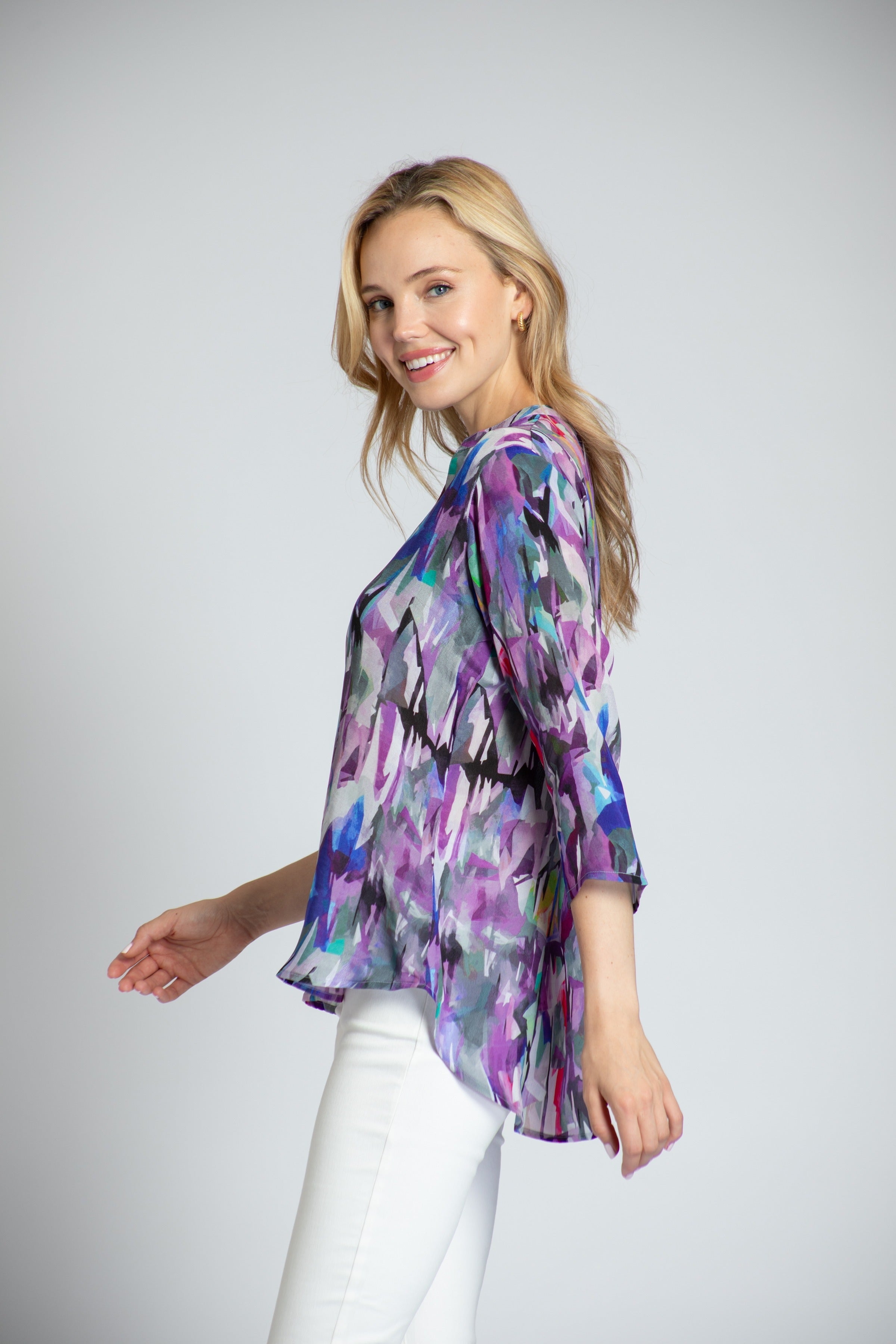 APNY Purple Brush Stroke ¾ Sleeve Mandarin Collar Button Up Blouse-shirts-APNY-Deja Nu Boutique, Women's Fashion Boutique in Lampasas, Texas