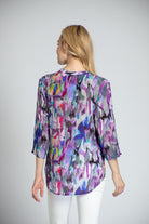 APNY Purple Brush Stroke ¾ Sleeve Mandarin Collar Button Up Blouse-shirts-APNY-Deja Nu Boutique, Women's Fashion Boutique in Lampasas, Texas