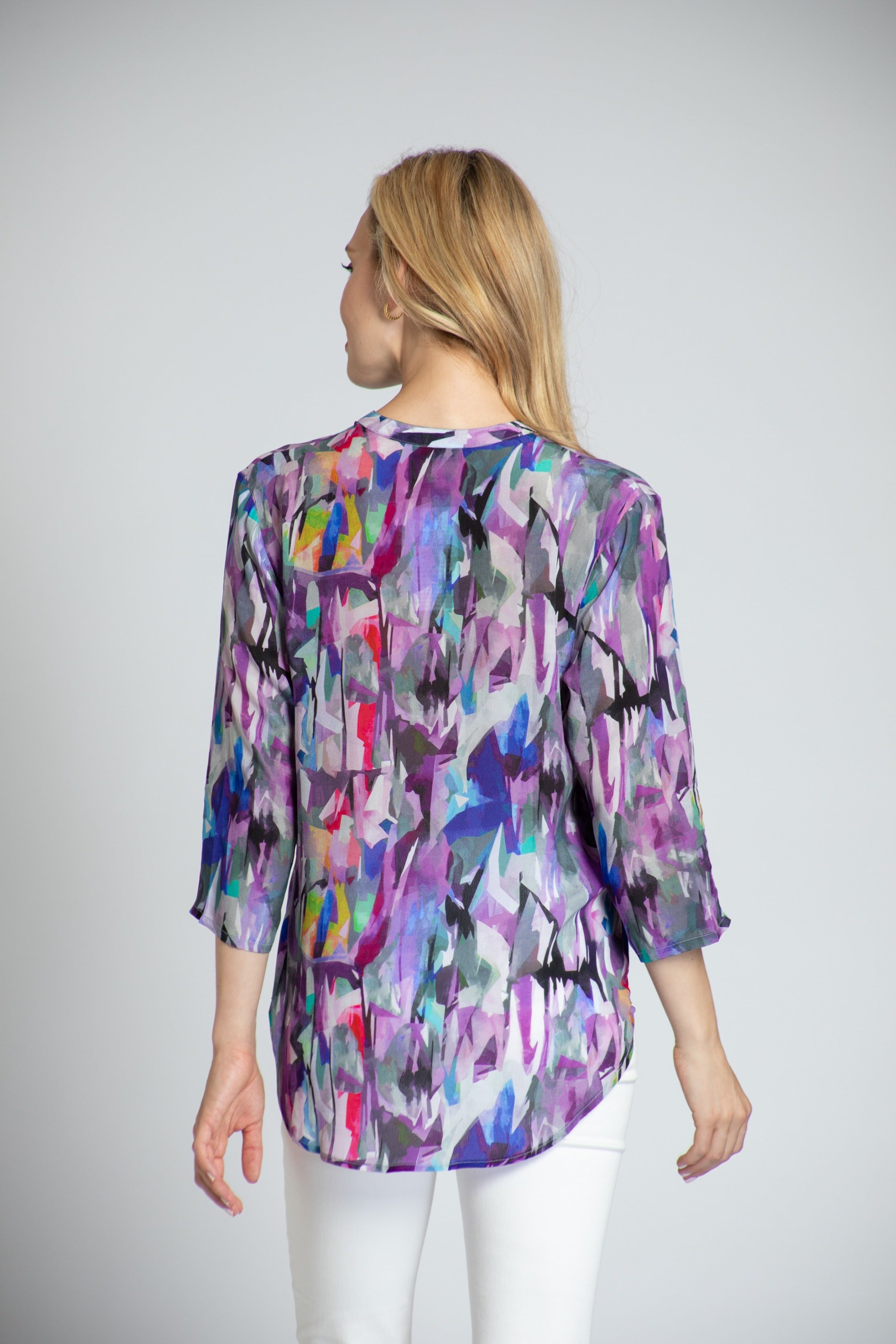 APNY Purple Brush Stroke ¾ Sleeve Mandarin Collar Button Up Blouse-shirts-APNY-Deja Nu Boutique, Women's Fashion Boutique in Lampasas, Texas