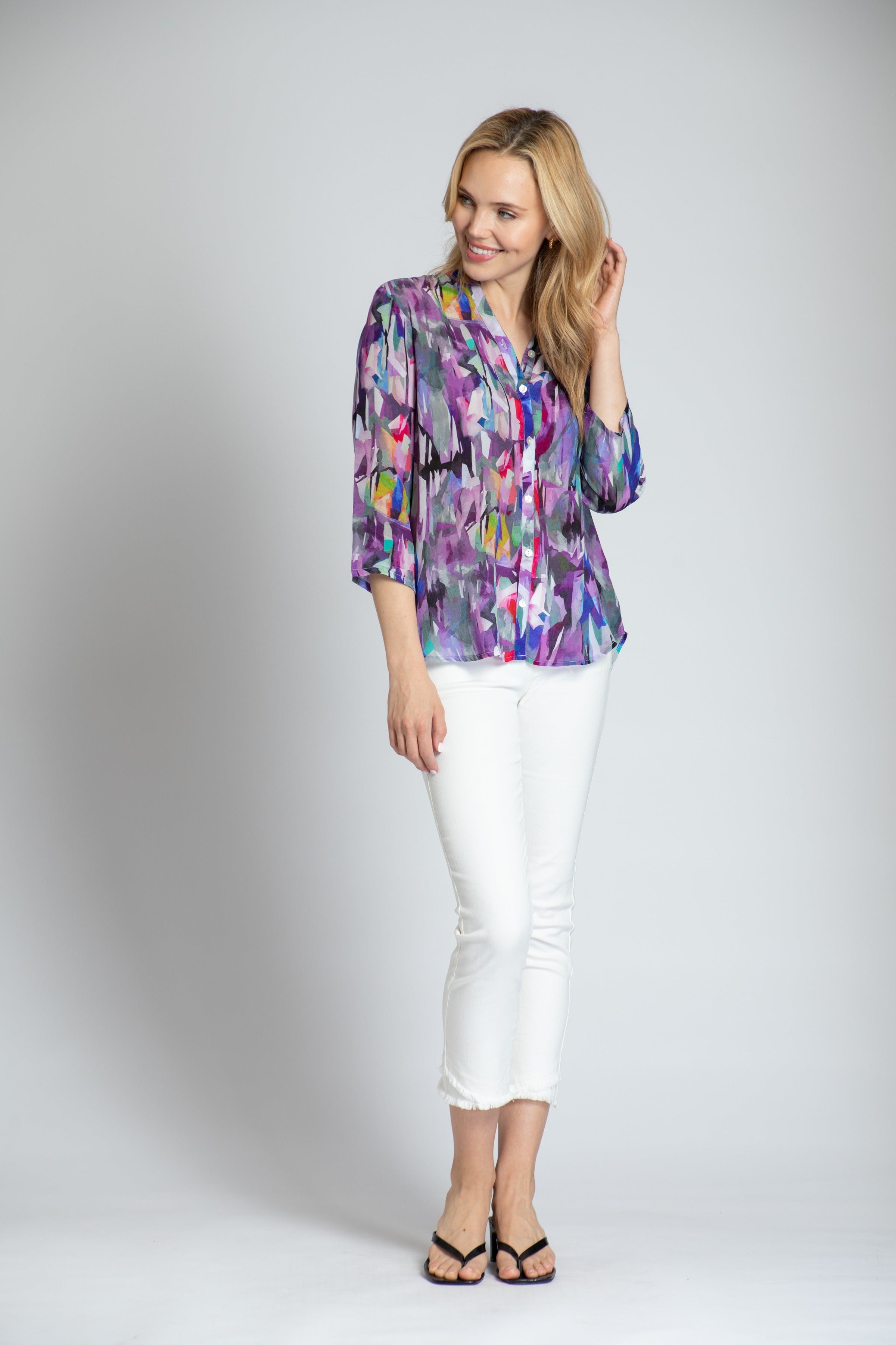 APNY Purple Brush Stroke ¾ Sleeve Mandarin Collar Button Up Blouse-shirts-APNY-Deja Nu Boutique, Women's Fashion Boutique in Lampasas, Texas