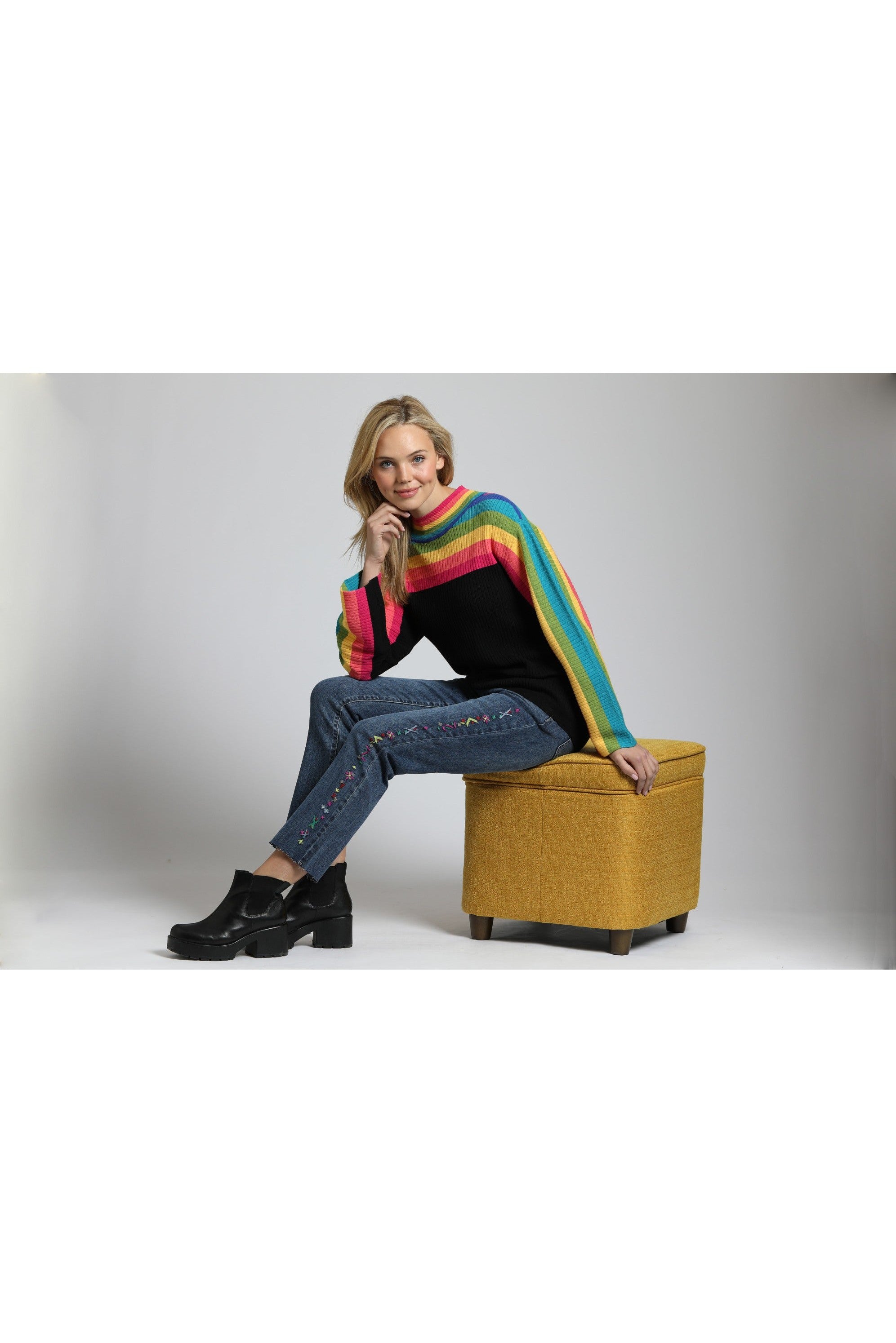 APNY Rainbow Stripe Funnel Neck Sweater-Sweaters-APNY-Deja Nu Boutique, Women's Fashion Boutique in Lampasas, Texas