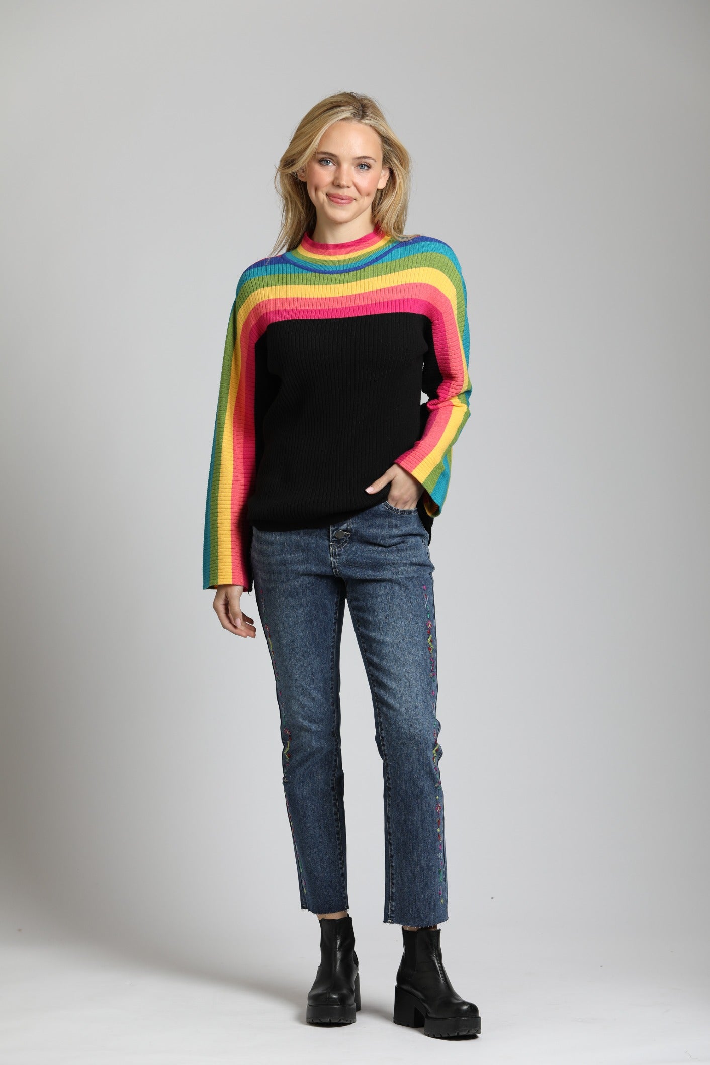 APNY Rainbow Stripe Funnel Neck Sweater-Sweaters-APNY-Deja Nu Boutique, Women's Fashion Boutique in Lampasas, Texas