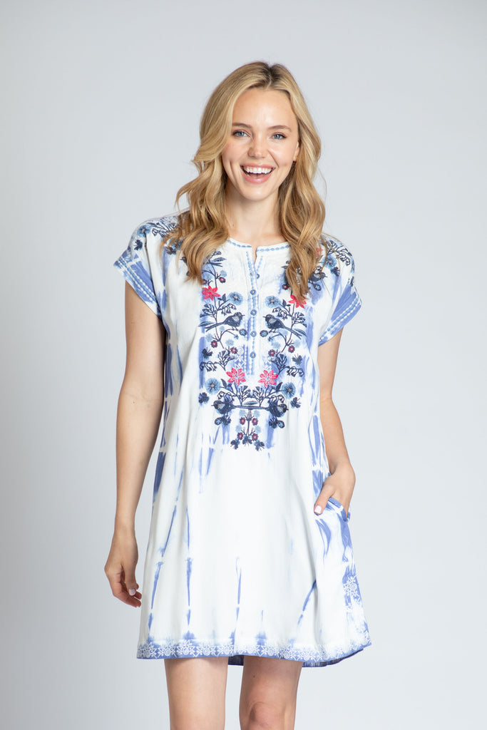 APNY Short Sleeve Indigo Tie-Dye Dress With Bird Embroidery-Dresses-APNY-Deja Nu Boutique, Women's Fashion Boutique in Lampasas, Texas