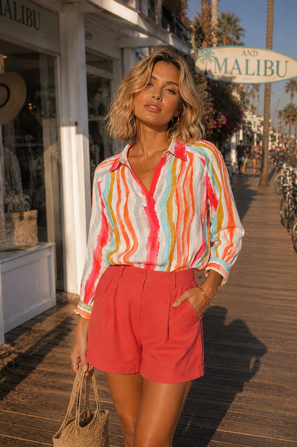 APNY Hibiscus Multi Stripe Half-Placket Pullover Blouse-Tops-APNY-Deja Nu Boutique, Women's Fashion Boutique in Lampasas, Texas