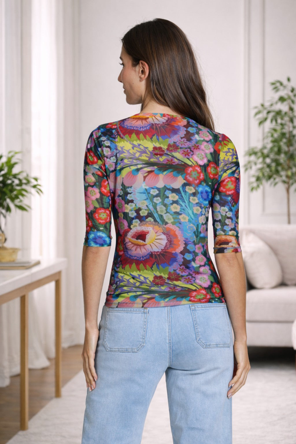 APNY Printed Mesh Top with Elbow Sleeves Blue Multi-Tops-APNY-Deja Nu Boutique, Women's Fashion Boutique in Lampasas, Texas