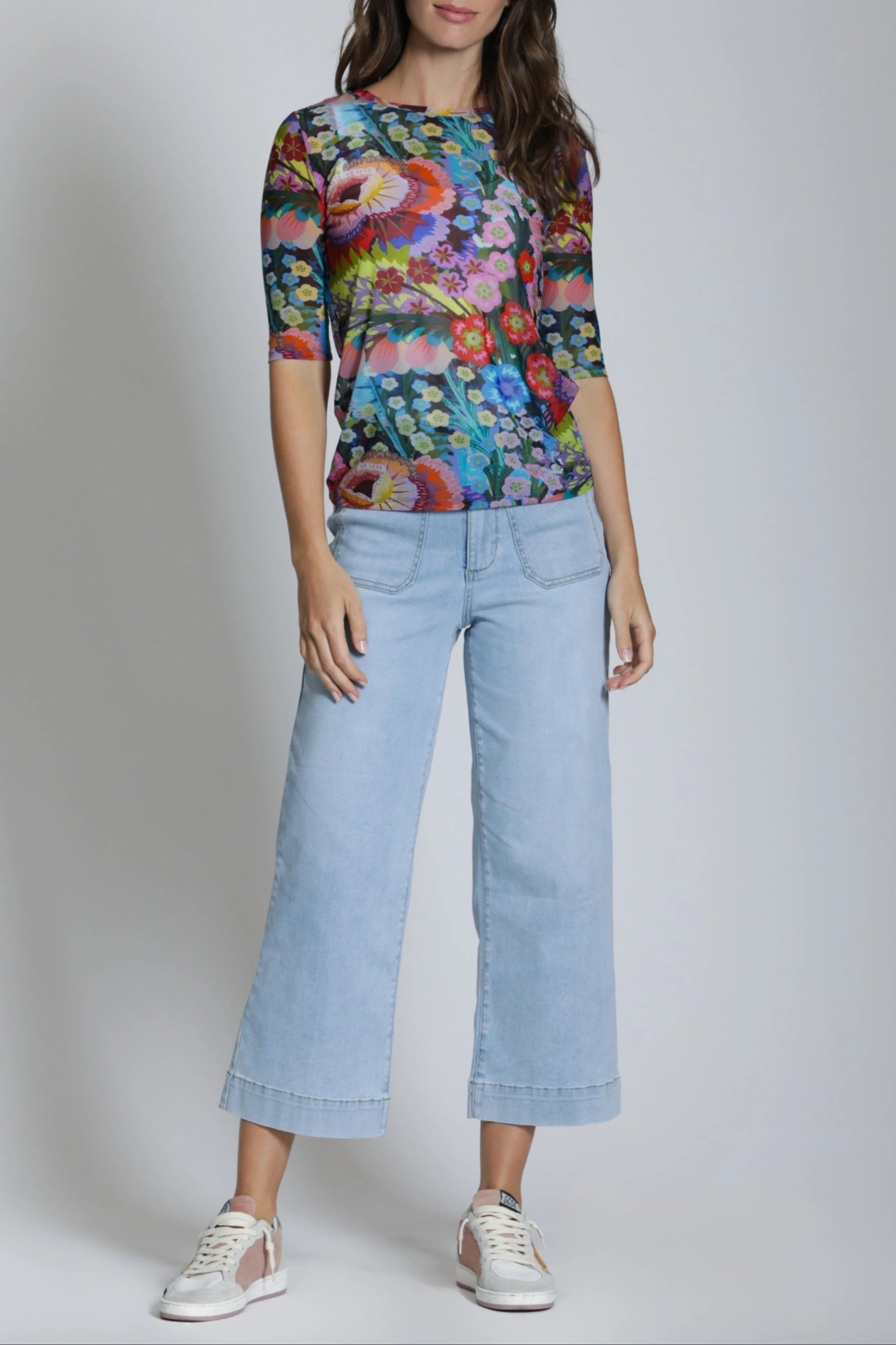 APNY Printed Mesh Top with Elbow Sleeves Blue Multi-Tops-APNY-Deja Nu Boutique, Women's Fashion Boutique in Lampasas, Texas